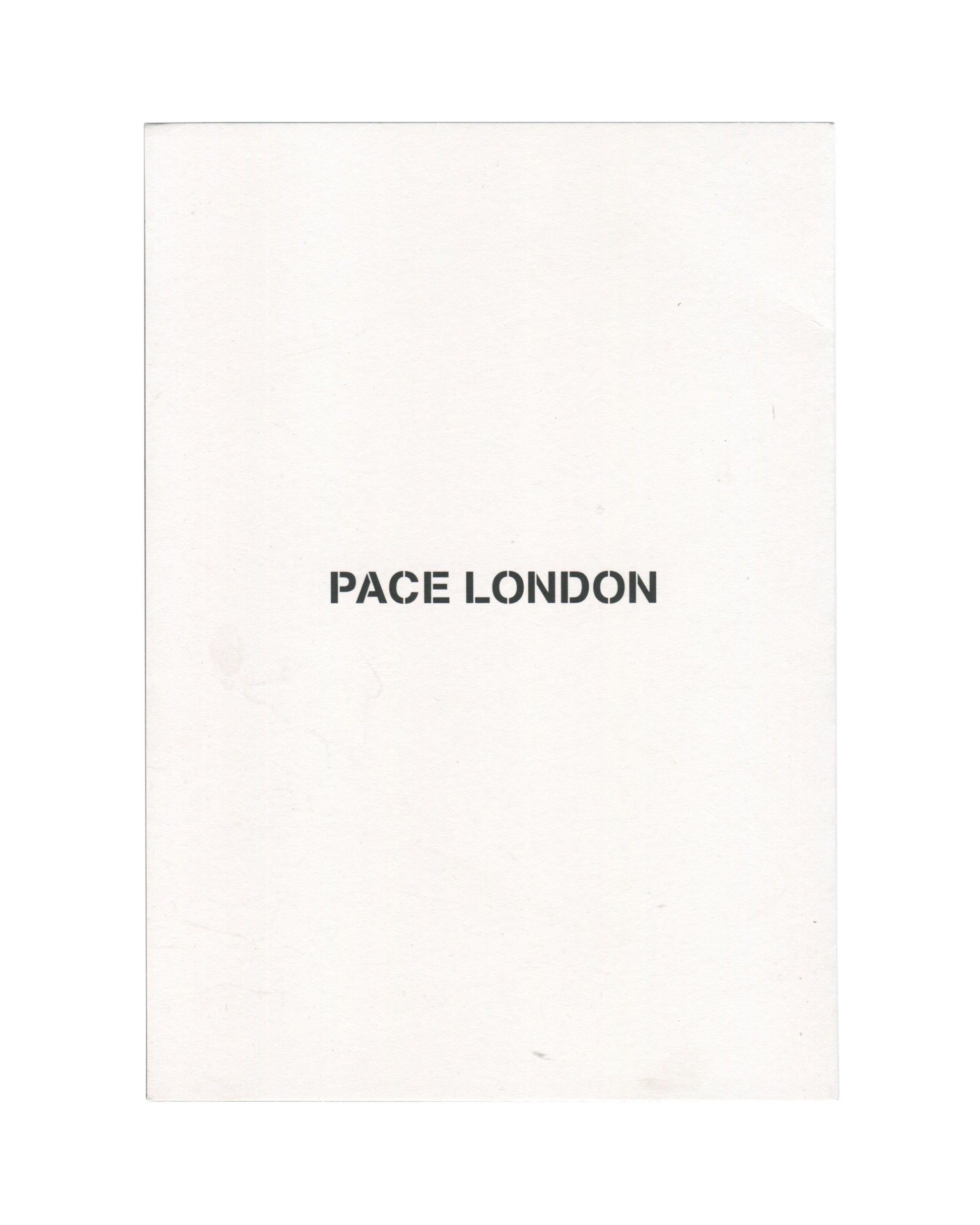 Reverse of 2015 Pace London exhibition invitation for Adam Pendleton, New Work, dark grey card with white sans-serif text: at upper left Pace congratulates Adam Pendleton / on his participation in the Belgian Pavilion / at the Venice Biennale in small type; at right Adam Pendleton / New Work in large bold white type; below 16 April – 23 May 2015 / PRIVATE VIEW / Wednesday 15 April 2015, 6–8 pm / First Floor, 6 Burlington Gardens / London, W1S 3ET / rsvplondon@pacegallery.com / +44 (0)20 3206 7600 / pacegall