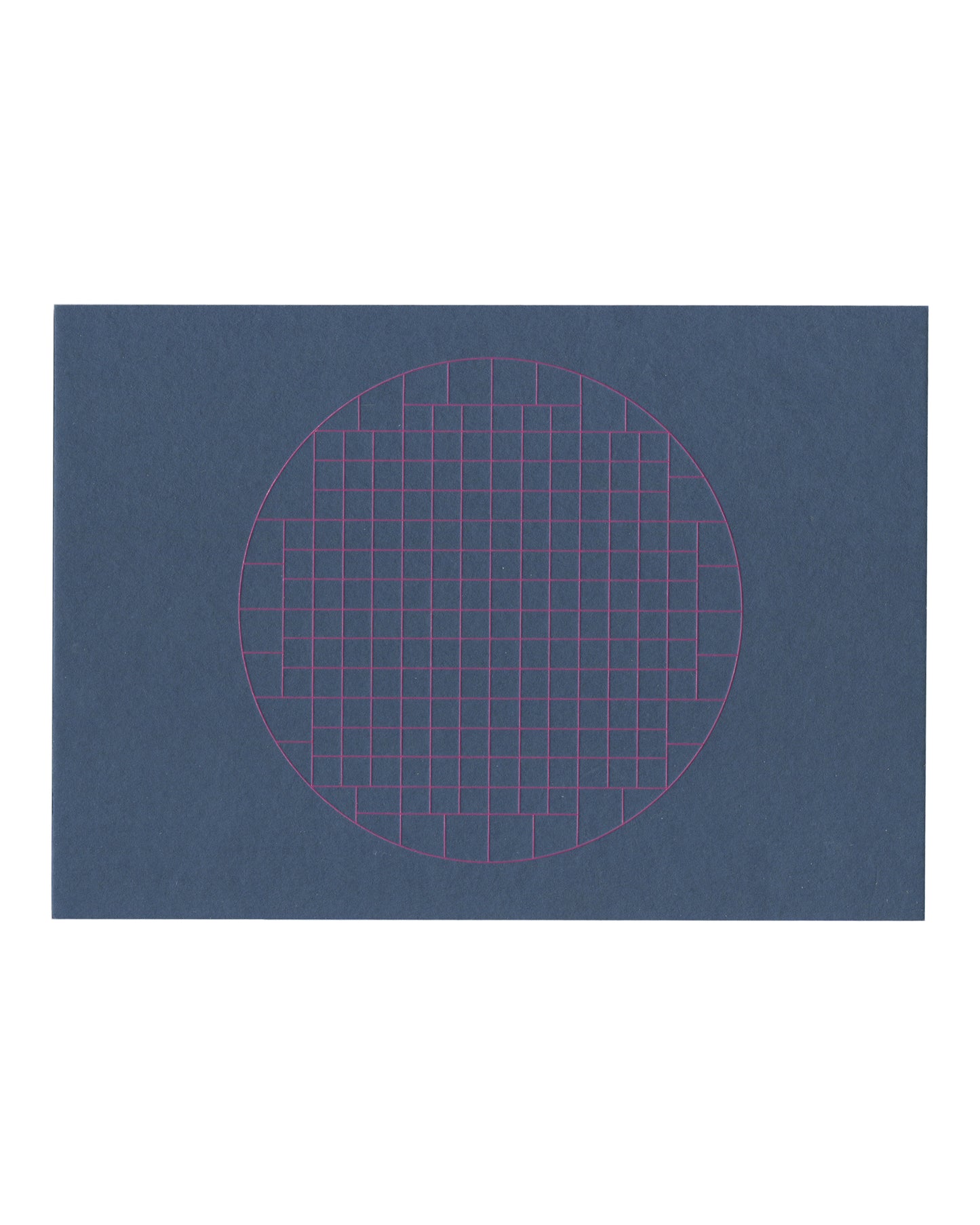 Reverse Reverse of 2016 Simon Lee Gallery exhibition invitation for Mai-Thu Perret, Zone, London, deep blue-grey card printed with a large circle in fluorescent magenta outline containing a regular rectangular grid of fine magenta lines, the grid slightly denser vertically than horizontally, centred on the card with the circle touching near the top and bottom edges, no text.