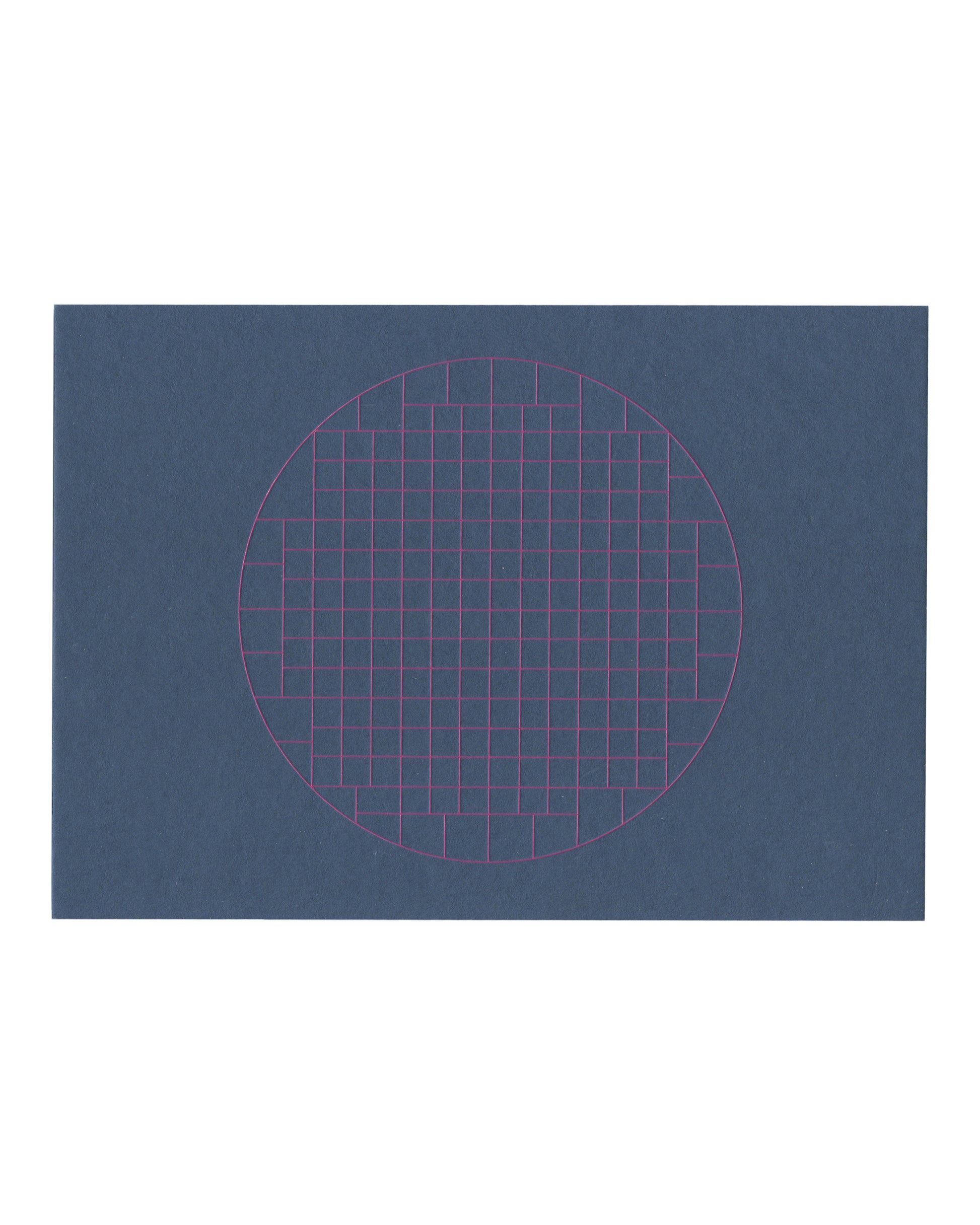 Reverse Reverse of 2016 Simon Lee Gallery exhibition invitation for Mai-Thu Perret, Zone, London, deep blue-grey card printed with a large circle in fluorescent magenta outline containing a regular rectangular grid of fine magenta lines, the grid slightly denser vertically than horizontally, centred on the card with the circle touching near the top and bottom edges, no text.