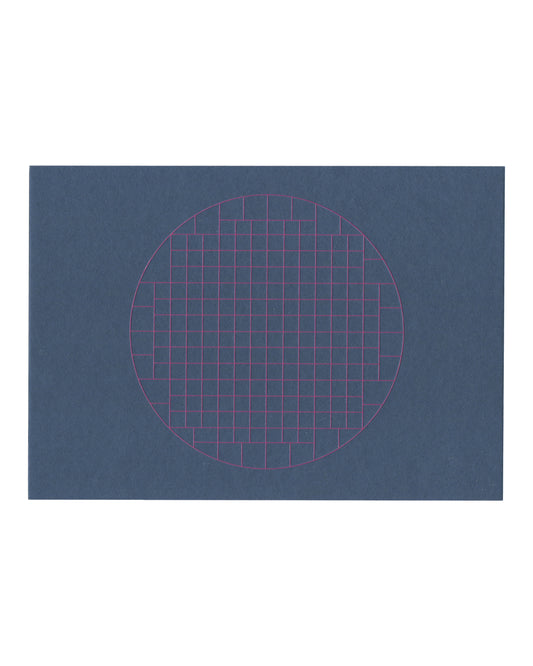 Reverse Reverse of 2016 Simon Lee Gallery exhibition invitation for Mai-Thu Perret, Zone, London, deep blue-grey card printed with a large circle in fluorescent magenta outline containing a regular rectangular grid of fine magenta lines, the grid slightly denser vertically than horizontally, centred on the card with the circle touching near the top and bottom edges, no text.