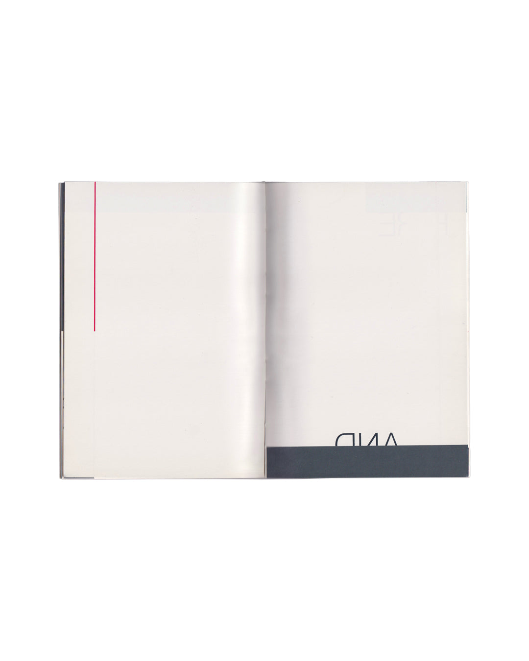 Peter Downsbrough, Take Note, Villa Arson, Nice, 1988. Interior spread: white pages with grey block at right margin, word "AND" in grey at upper right, vertical red rule at right edge