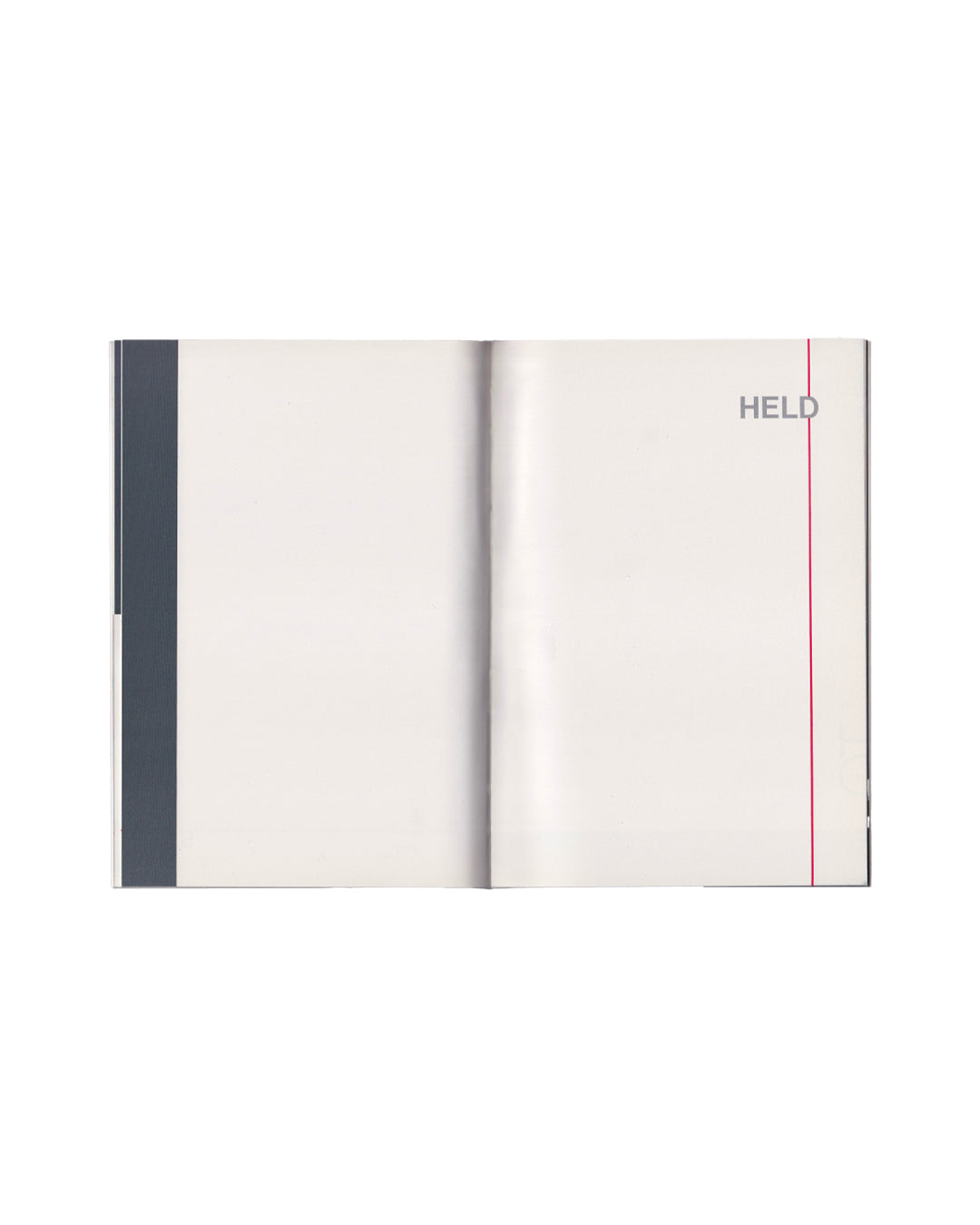 Peter Downsbrough, Take Note, Villa Arson, Nice, 1988. Interior spread: white pages with grey block at left margin, word "HELD" in grey at upper right, vertical red rule at right edge