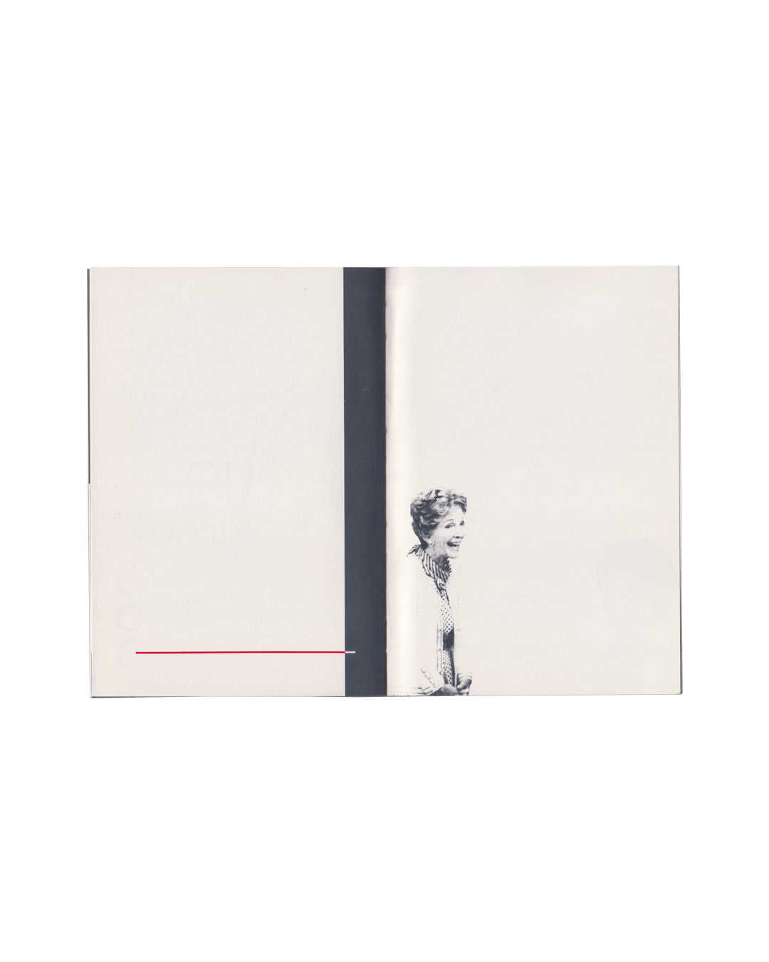 Peter Downsbrough, Take Note, Villa Arson, Nice, 1988. Interior spread: white pages with black-and-white photograph of a woman (Nancy Reagan) laughing, cropped at gutter, dark grey vertical bar at centre, red horizontal rule at lower left