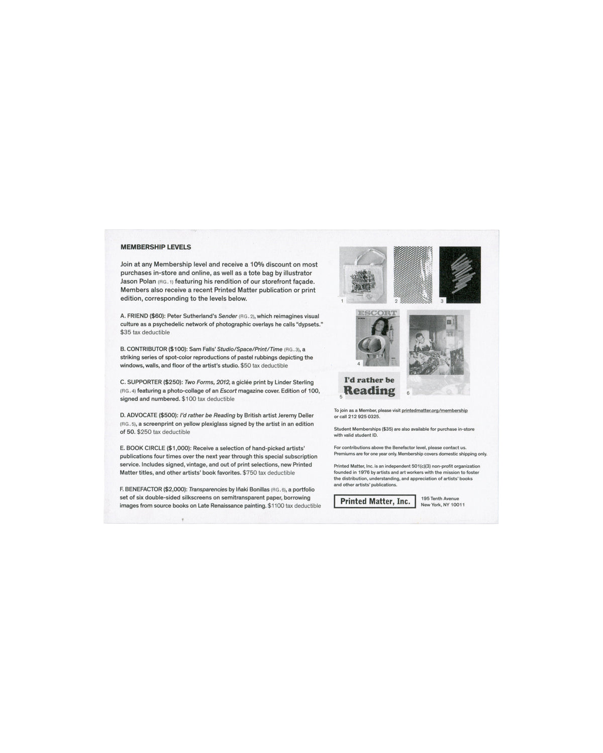 Verso (white side) Raymond Pettibon, Printed Matter Membership Campaign, 2014–15. Verso: white card; bold header 'MEMBERSHIP LEVELS'; six lettered tiers A–F listing dollar amounts and artist editions — Peter Sutherland, Sam Falls, Linder Sterling, Jeremy Deller, Book Circle, Iñaki Bonillas; six small reproduction images upper right including tote bag and Escort magazine cover; 'Printed Matter, Inc.' logo and address — 195 Tenth Avenue, New York, NY 10011.