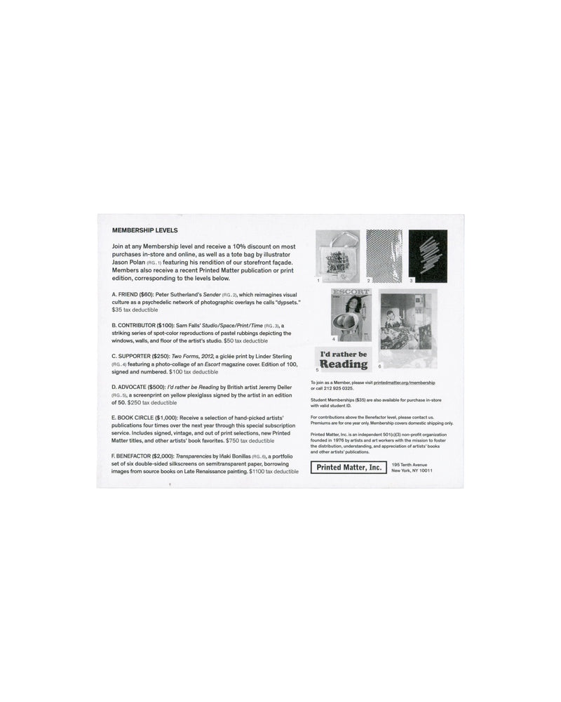 Verso (white side) Raymond Pettibon, Printed Matter Membership Campaign, 2014–15. Verso: white card; bold header 'MEMBERSHIP LEVELS'; six lettered tiers A–F listing dollar amounts and artist editions — Peter Sutherland, Sam Falls, Linder Sterling, Jeremy Deller, Book Circle, Iñaki Bonillas; six small reproduction images upper right including tote bag and Escort magazine cover; 'Printed Matter, Inc.' logo and address — 195 Tenth Avenue, New York, NY 10011.