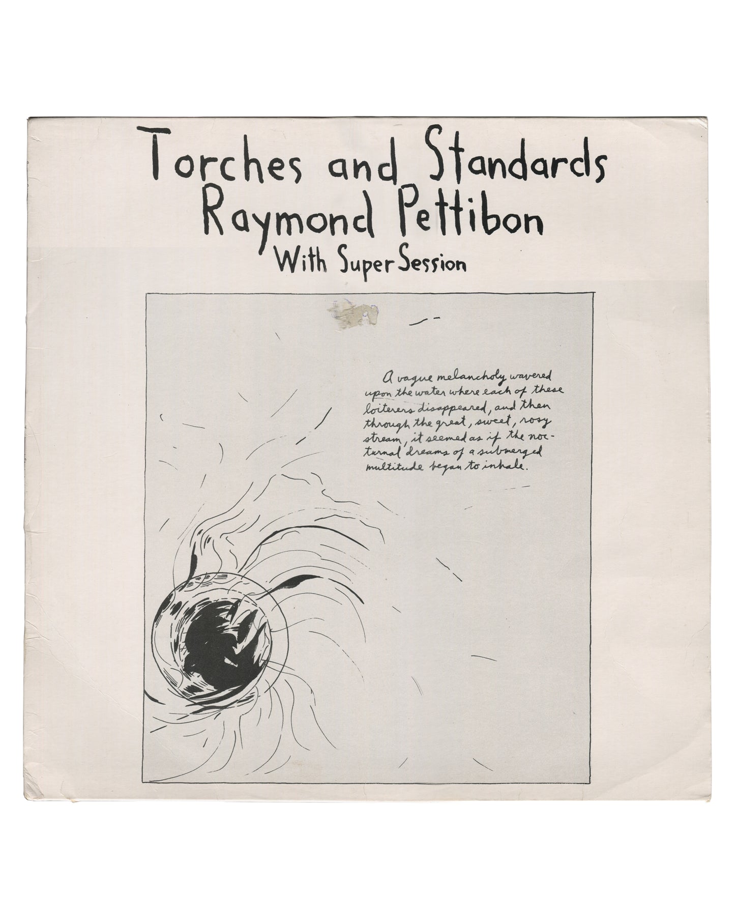 Raymond Pettibon with Super Session, Torches and Standards, Blast First, 1990, front sleeve, vortex drawing and handwritten text
