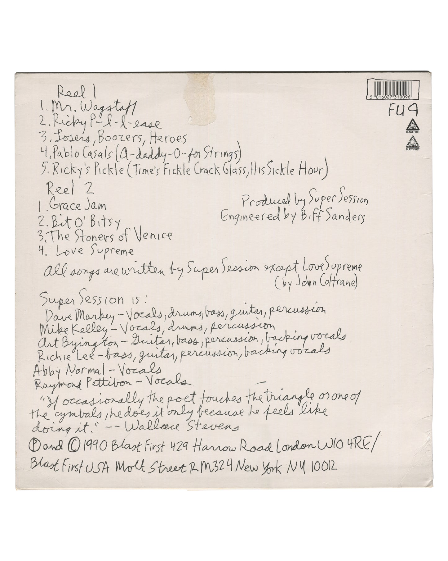 Raymond Pettibon, Torches and Standards, Blast First, 1990, reverse sleeve, handwritten tracklist and credits, FU9