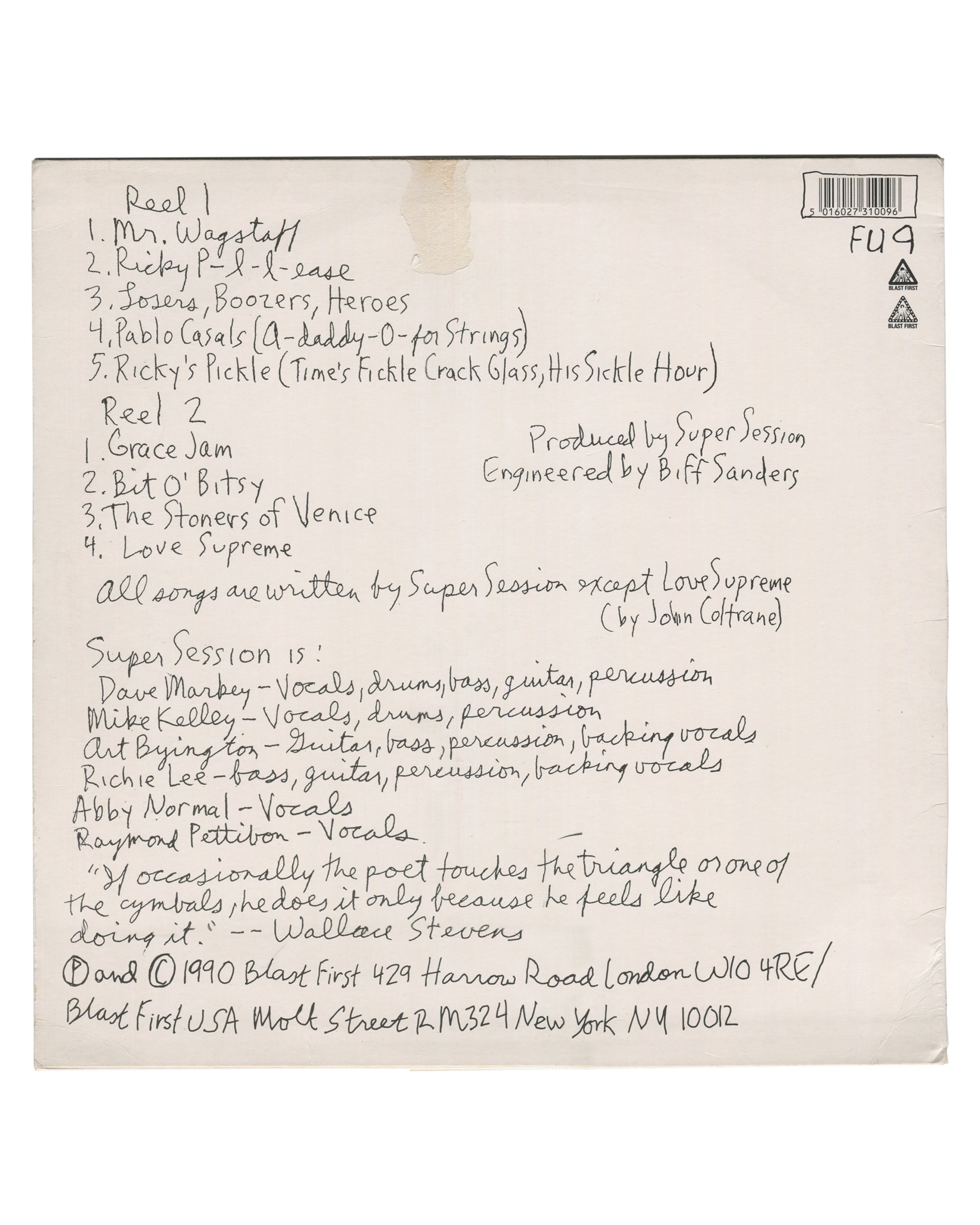 Raymond Pettibon, Torches and Standards, Blast First, 1990, reverse sleeve, handwritten tracklist and credits, FU9
