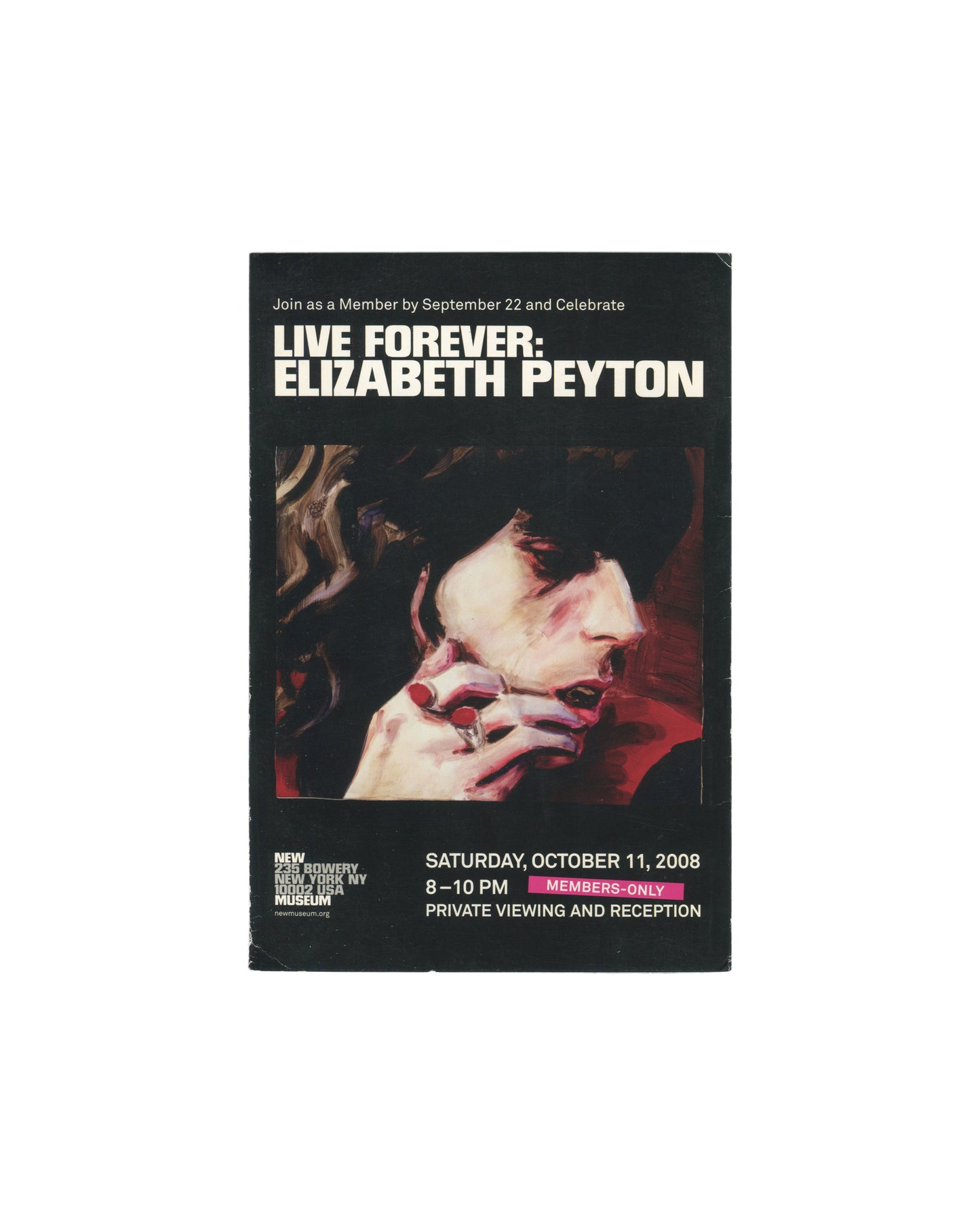 Elizabeth Peyton, Live Forever, New Museum, 2008, members' invitation card, front, dark portrait with ringed hands 