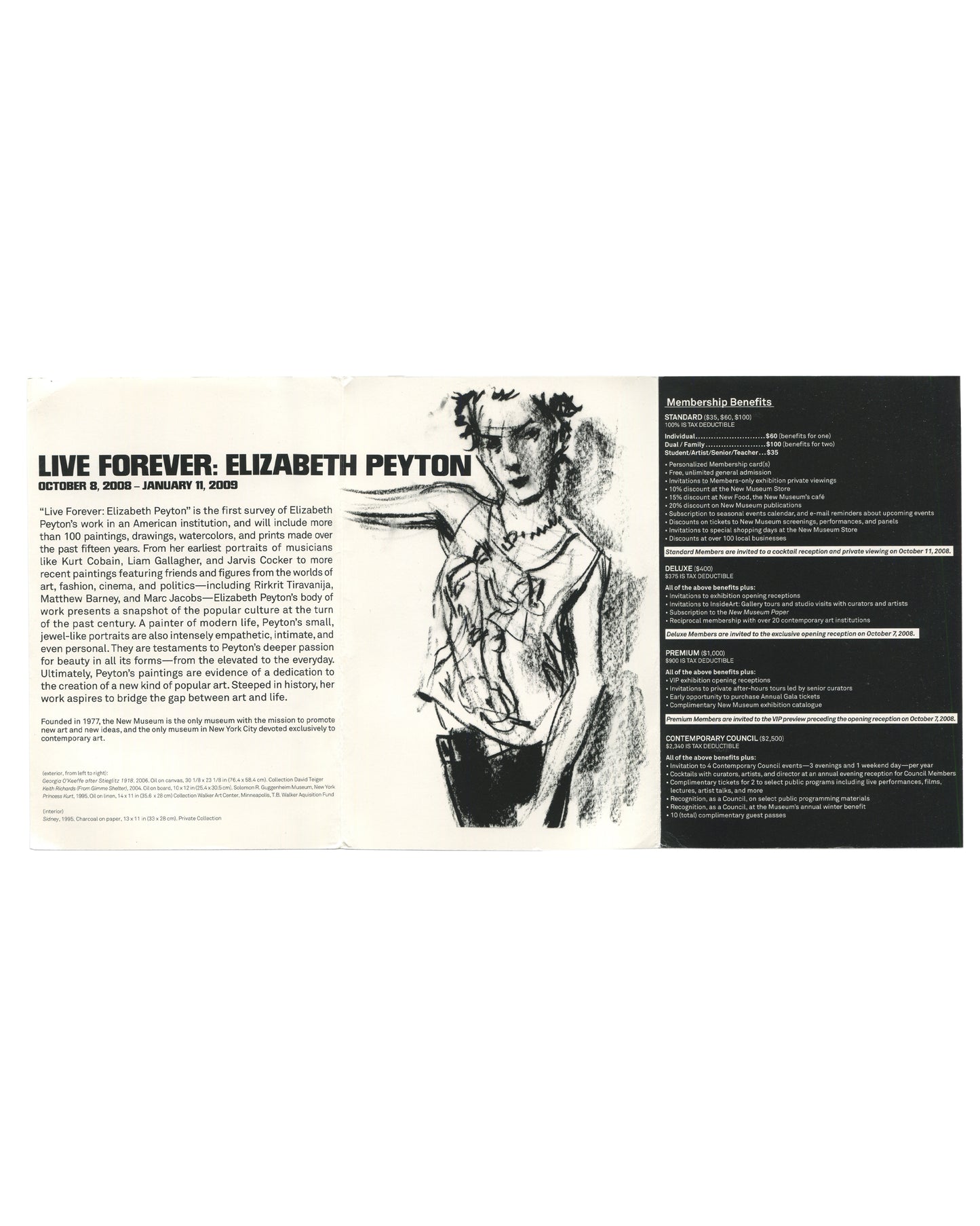 Elizabeth Peyton, Live Forever, New Museum, 2008, handout unfolded, exhibition text and membership tiers, Peyton drawing 