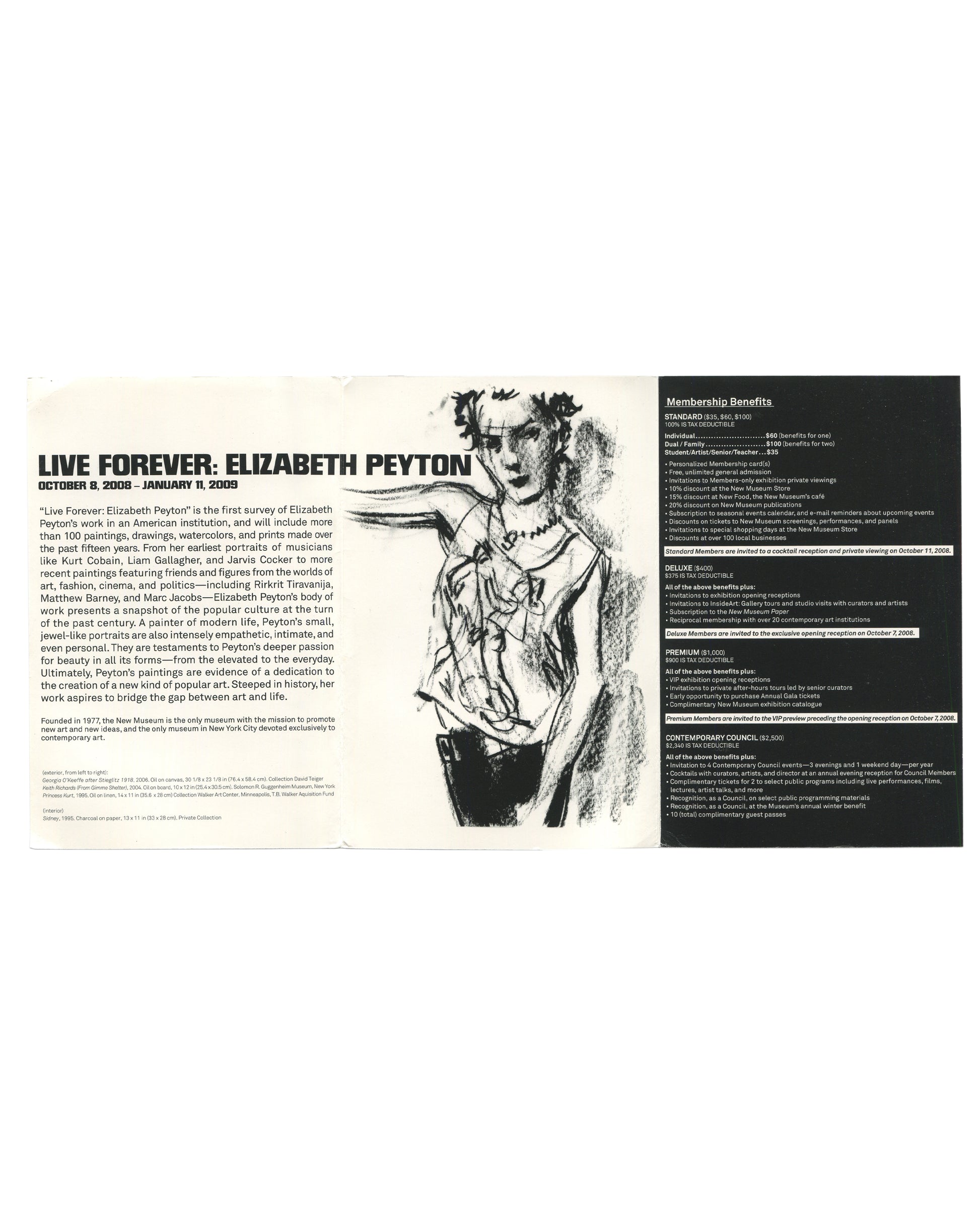Elizabeth Peyton, Live Forever, New Museum, 2008, handout unfolded, exhibition text and membership tiers, Peyton drawing 