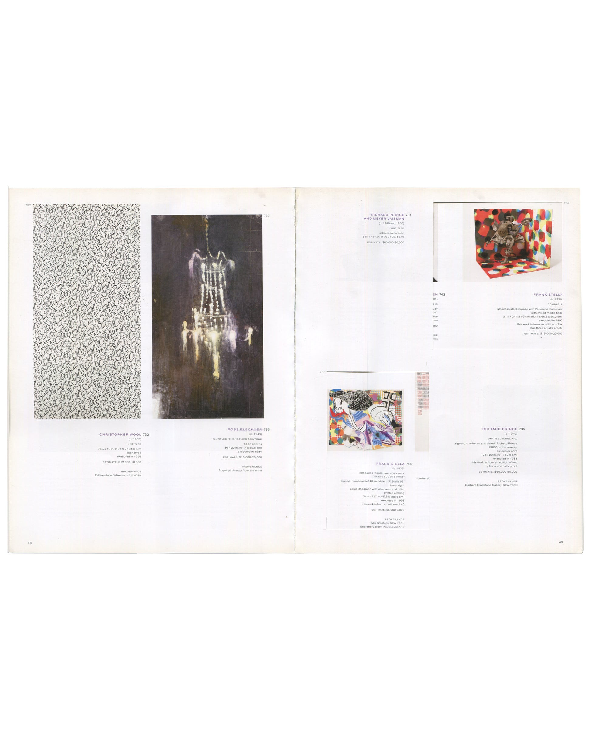 THE NEW RARE EDITIONS — Record: June 6, 2005. 2005 / 2008 / 2026. Interior spread, pages 42–43, Phillips de Pury & Company, Contemporary Art: Including Prints, Photographs & Multiples, New York, 6 June 2005. Left page: Lot 732, Christopher Wool, 1987 — large black-and-white pattern print, estimate $70,000–90,000; Lot 733, Ross Bleckner, ca. 1990 — large black-and-white photograph of a chandelier, estimate $3,000–5,000. Right page: Lot 734, Richard Prince and Meyer Vaisman — colour photograph of a figure in 