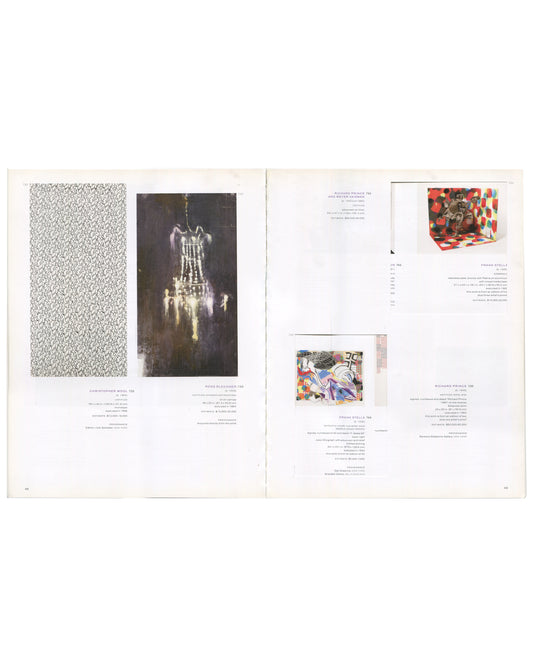 THE NEW RARE EDITIONS — Record: June 6, 2005. 2005 / 2008 / 2026. Interior spread, pages 42–43, Phillips de Pury & Company, Contemporary Art: Including Prints, Photographs & Multiples, New York, 6 June 2005. Left page: Lot 732, Christopher Wool, 1987 — large black-and-white pattern print, estimate $70,000–90,000; Lot 733, Ross Bleckner, ca. 1990 — large black-and-white photograph of a chandelier, estimate $3,000–5,000. Right page: Lot 734, Richard Prince and Meyer Vaisman — colour photograph of a figure in 