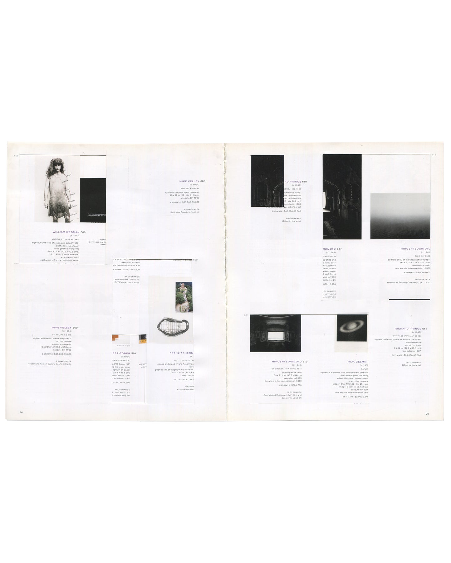 THE NEW RARE EDITIONS — Record: June 6, 2005. 2005 / 2008 / 2026. Interior spread, pages 34–35, Phillips de Pury & Company, Contemporary Art: Including Prints, Photographs & Multiples, New York, 6 June 2005. Left page: Lot 609, William Wegman, 1988 — black-and-white photograph of a figure in a dress, estimate $3,000–5,000; Lot 609, Mike Kelley — black-and-white photograph, estimate $1,500–2,000; Lot 604, Kay Rosen — small colour text work; Lot 605, Franz Scajim — small sculptural object, estimate $4,000. Ri