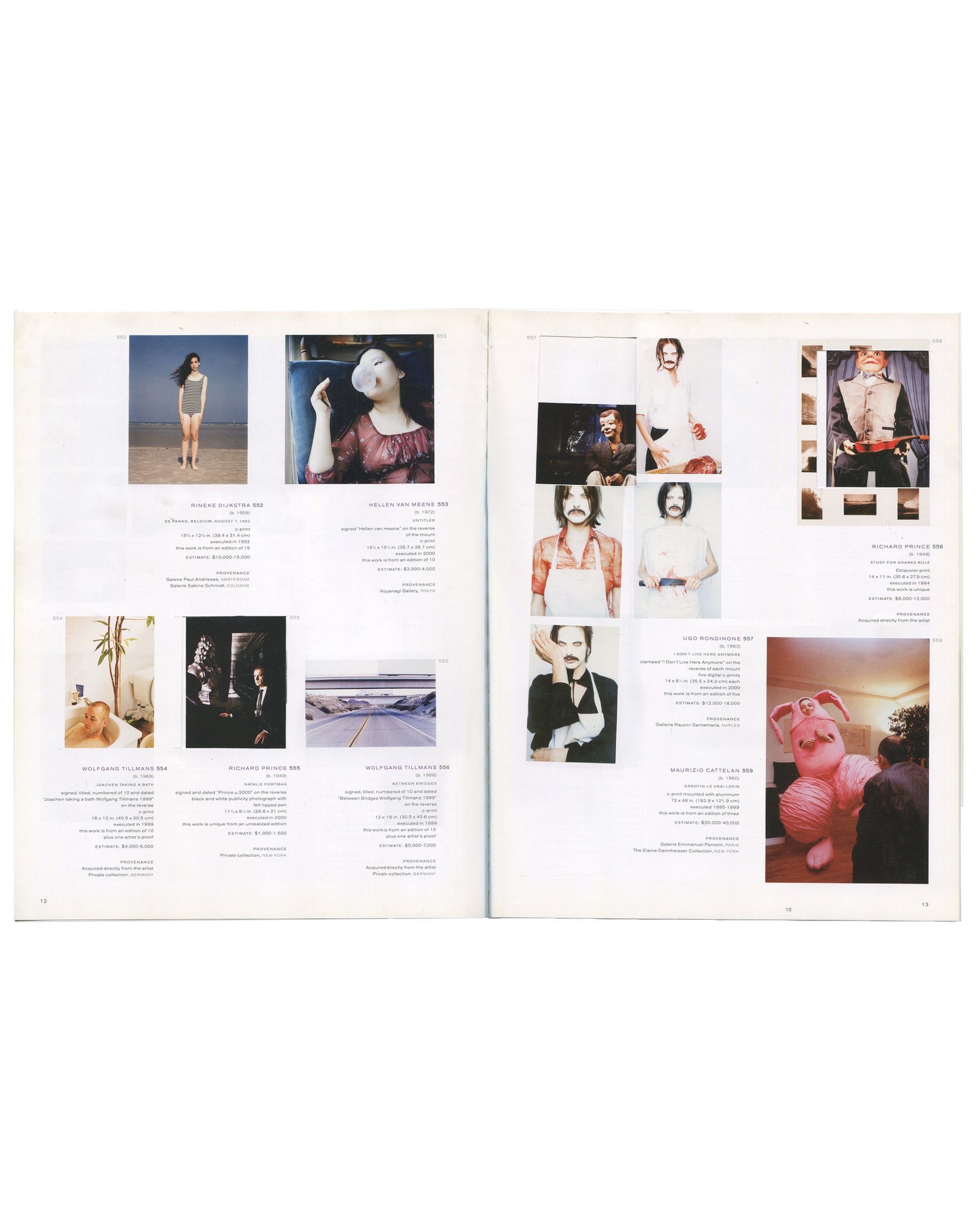 THE NEW RARE EDITIONS — Record: June 6, 2005. 2005 / 2008 / 2026. Interior spread, pages 12–13, Phillips de Pury & Company, Contemporary Art: Including Prints, Photographs & Multiples, New York, 6 June 2005. Left page: Lot 562, Rineke Dijkstra, 1992 — colour photograph of a young woman in a swimsuit on a beach; Lot 564, Hellen van Meene, 1997 — colour photograph of a figure in a pink dress holding a white balloon; Lot 554, Wolfgang Tillmans — colour photograph of a domestic interior with a plant; Lot 755, R