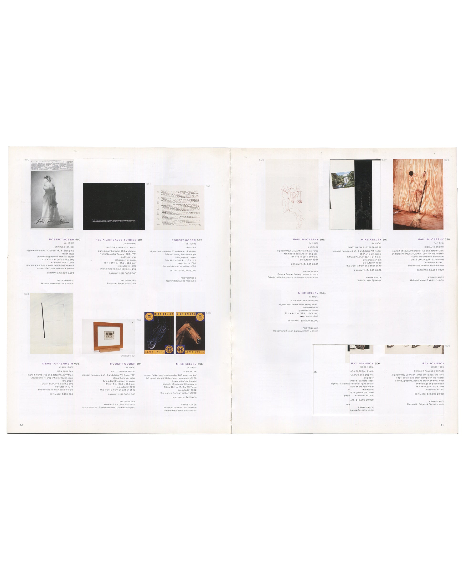 THE NEW RARE EDITIONS — Record: June 6, 2005. 2005 / 2008 / 2026. Interior spread, pages 20–21, Phillips de Pury & Company, Contemporary Art: Including Prints, Photographs & Multiples, New York, 6 June 2005. Left page: Lot 500, Robert Gober, 1984 — black-and-white photograph of a figure in a wedding dress, estimate $80,000–120,000; Lot 501, Félix González-Torres, 1991 — black canvas with white text, estimate $8,000–12,000; Lot 502, Robert Gober — handwritten text work on paper, estimate $8,000–12,000; Lot 5