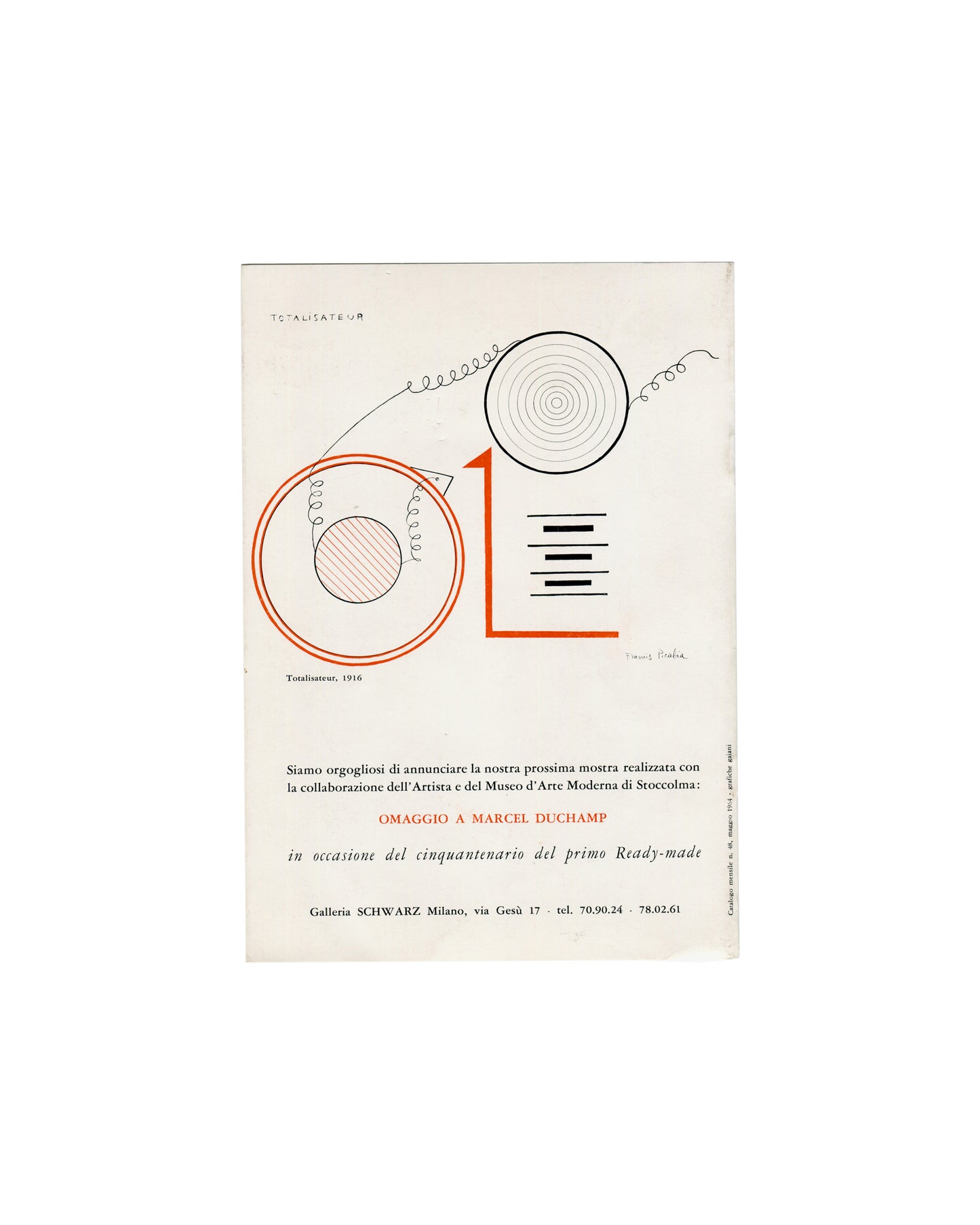 Francis Picabia, Totalisateur 1916, rear wrapper announcing Omaggio a Marcel Duchamp, Galleria Schwarz 1964