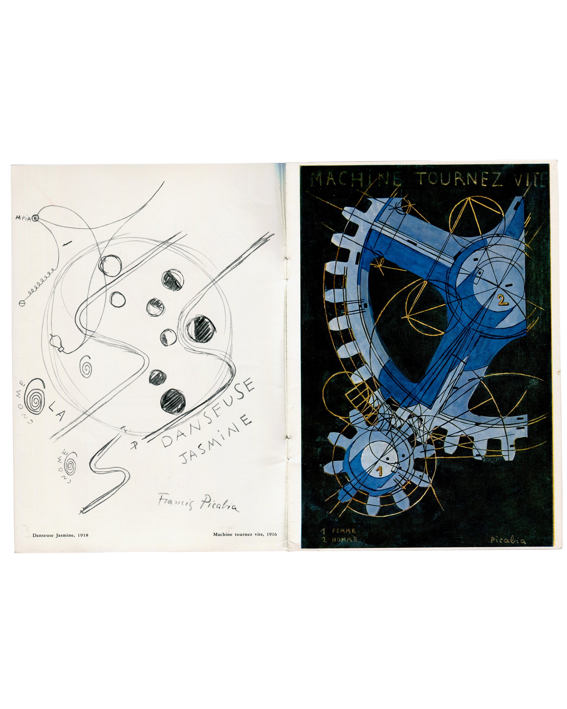 Interior spread: Danseuse Jasmine 1918 line drawing and Machine tournez vite 1916 in blue, black and gold