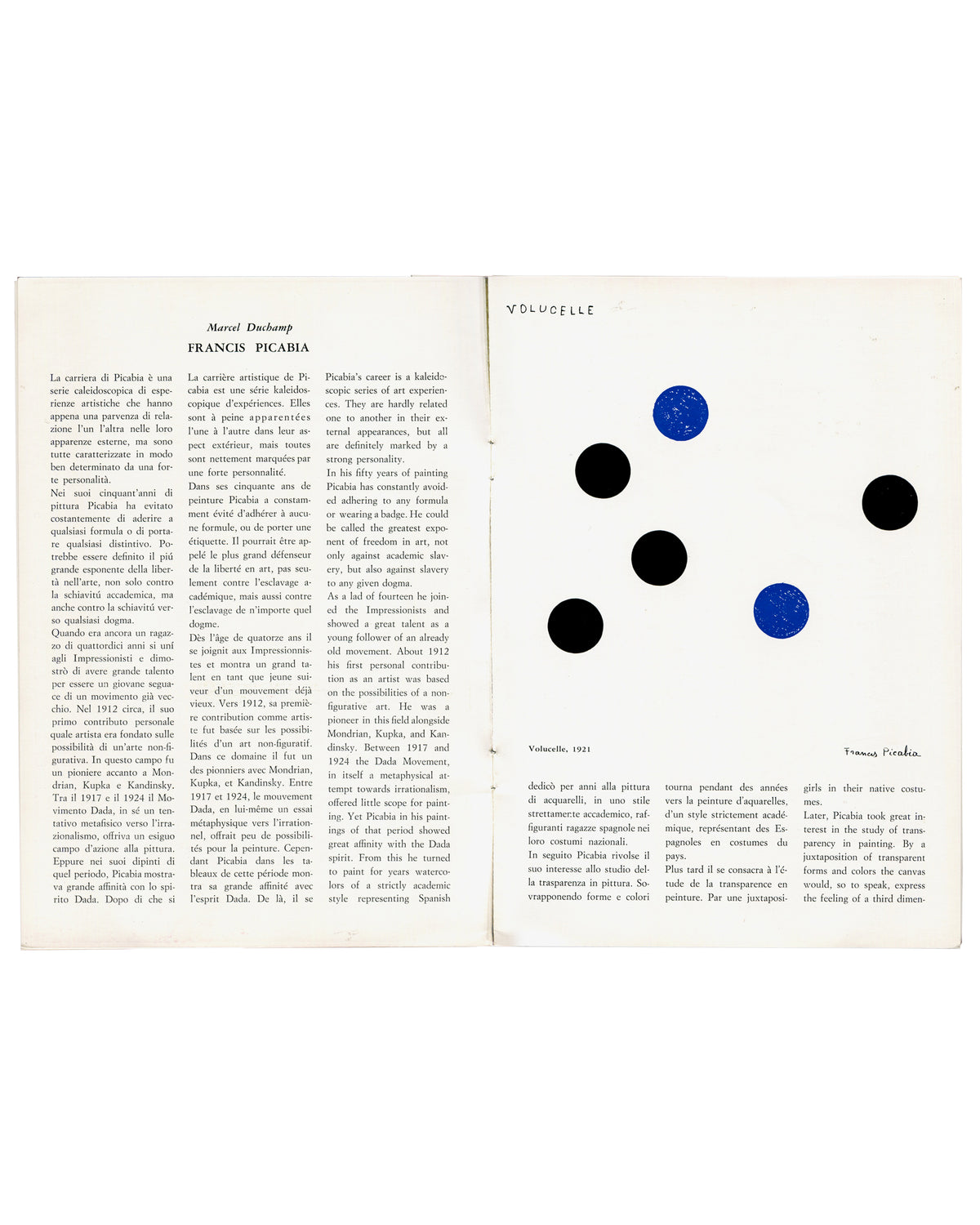 Interior spread: Marcel Duchamp essay on Francis Picabia with Volucelle 1921, blue and black disc reproduction