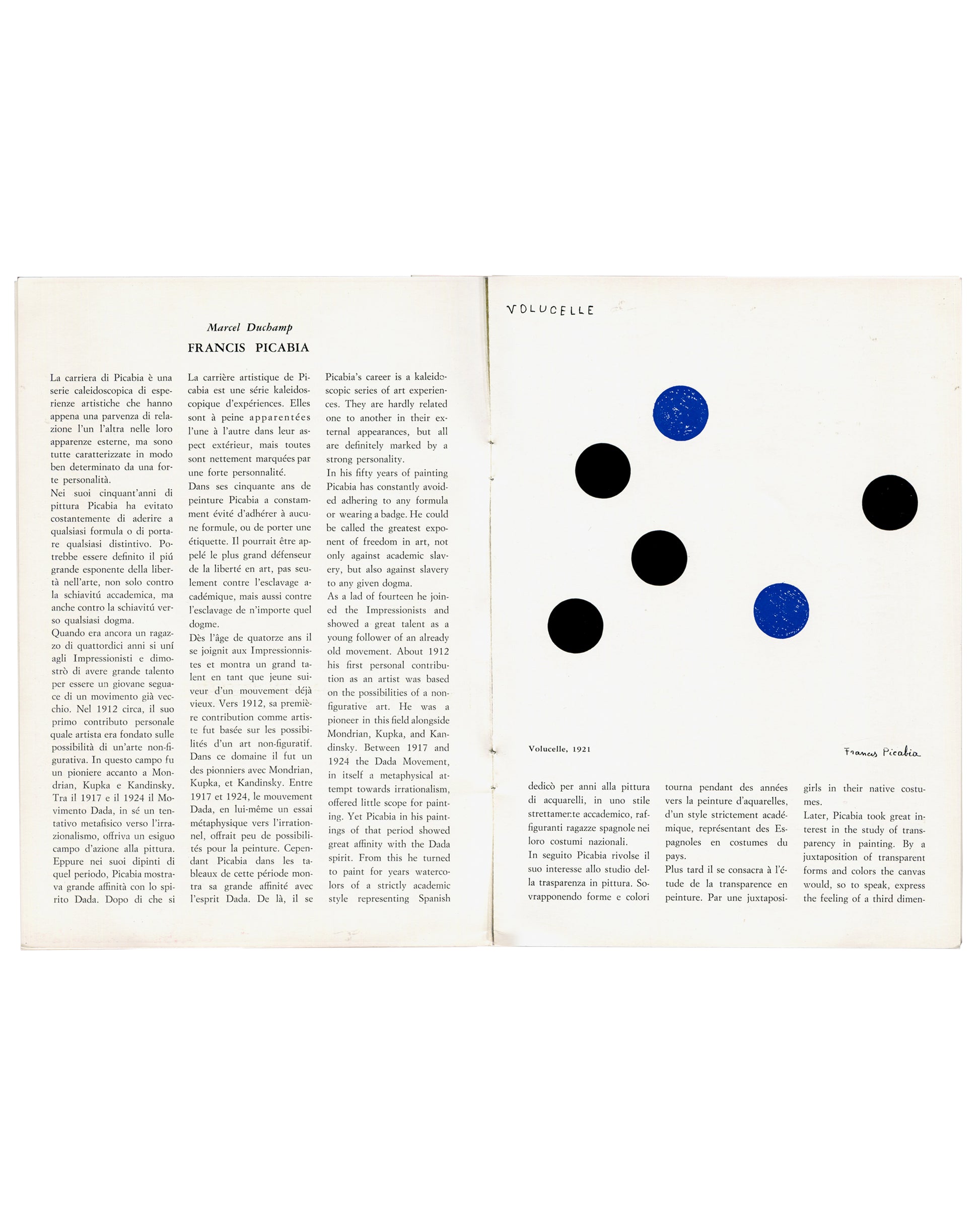 Interior spread: Marcel Duchamp essay on Francis Picabia with Volucelle 1921, blue and black disc reproduction