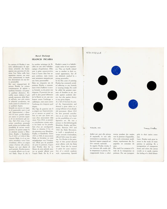 Interior spread: Marcel Duchamp essay on Francis Picabia with Volucelle 1921, blue and black disc reproduction