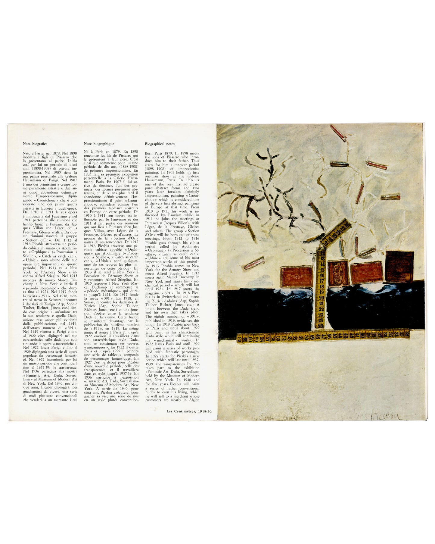 Interior spread: trilingual biographical chronology with Les Centimètres 1918–20 colour reproduction, recto