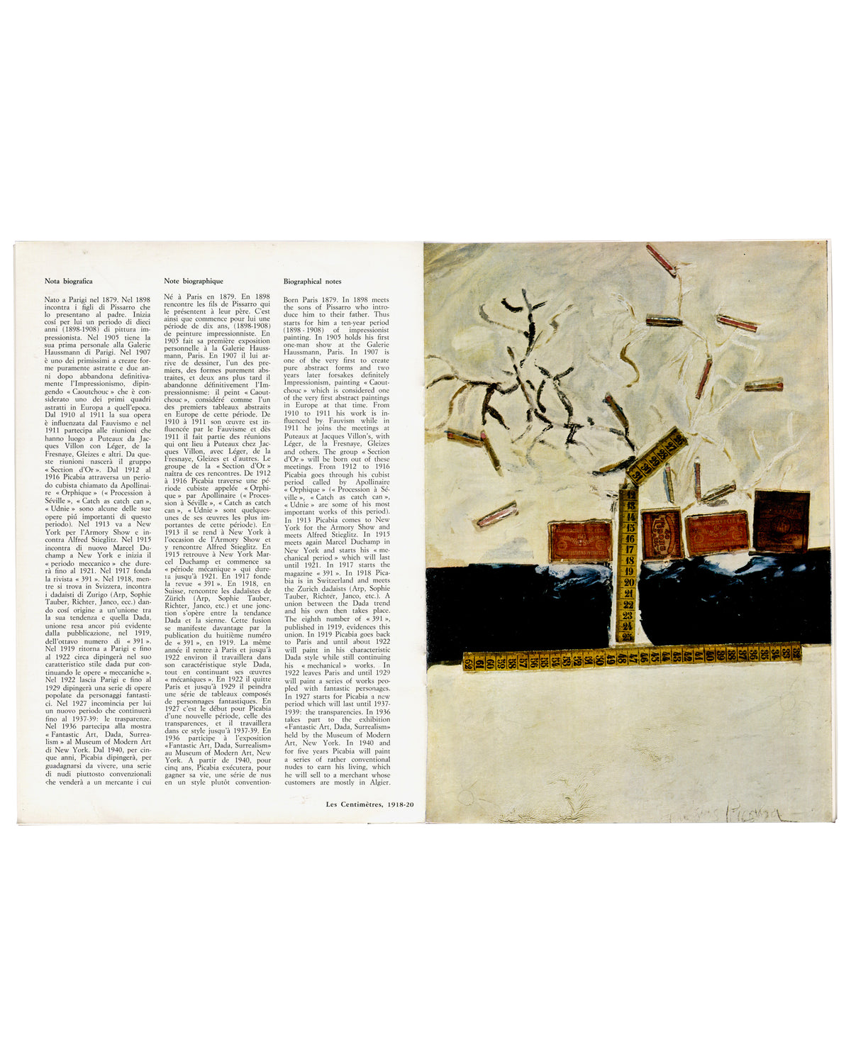 Interior spread: trilingual biographical chronology with Les Centimètres 1918–20 colour reproduction, recto