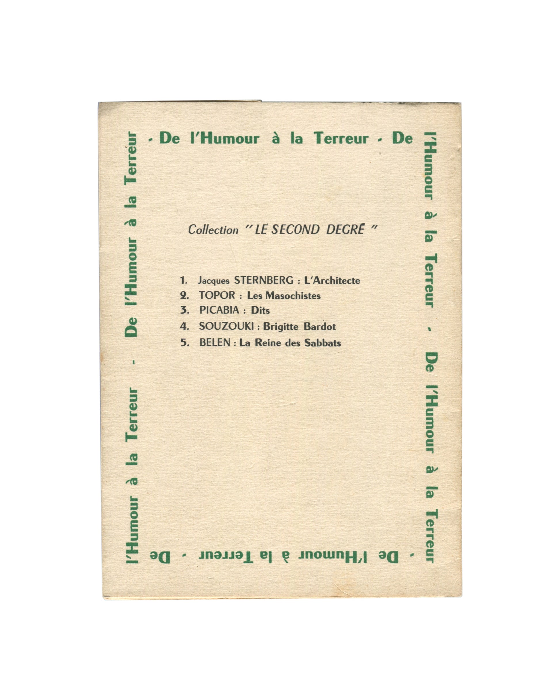 Francis Picabia, Dits, 1960, reverse, Collection Le Second Degré series list, De l'humour à la terreur border 