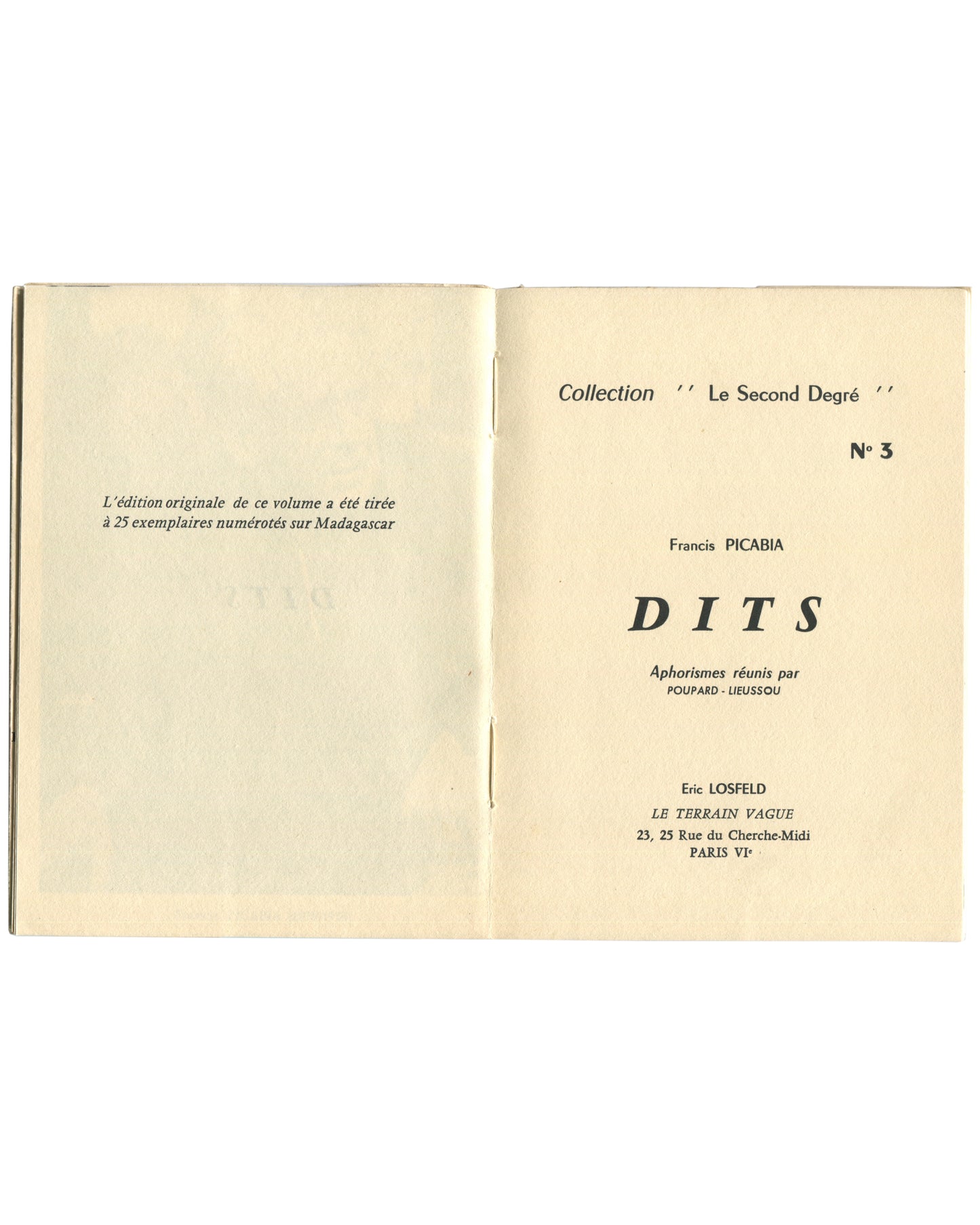 Francis Picabia, Dits, title page, Collection Le Second Degré no. 3, Éric Losfeld, Le Terrain Vague, Paris 