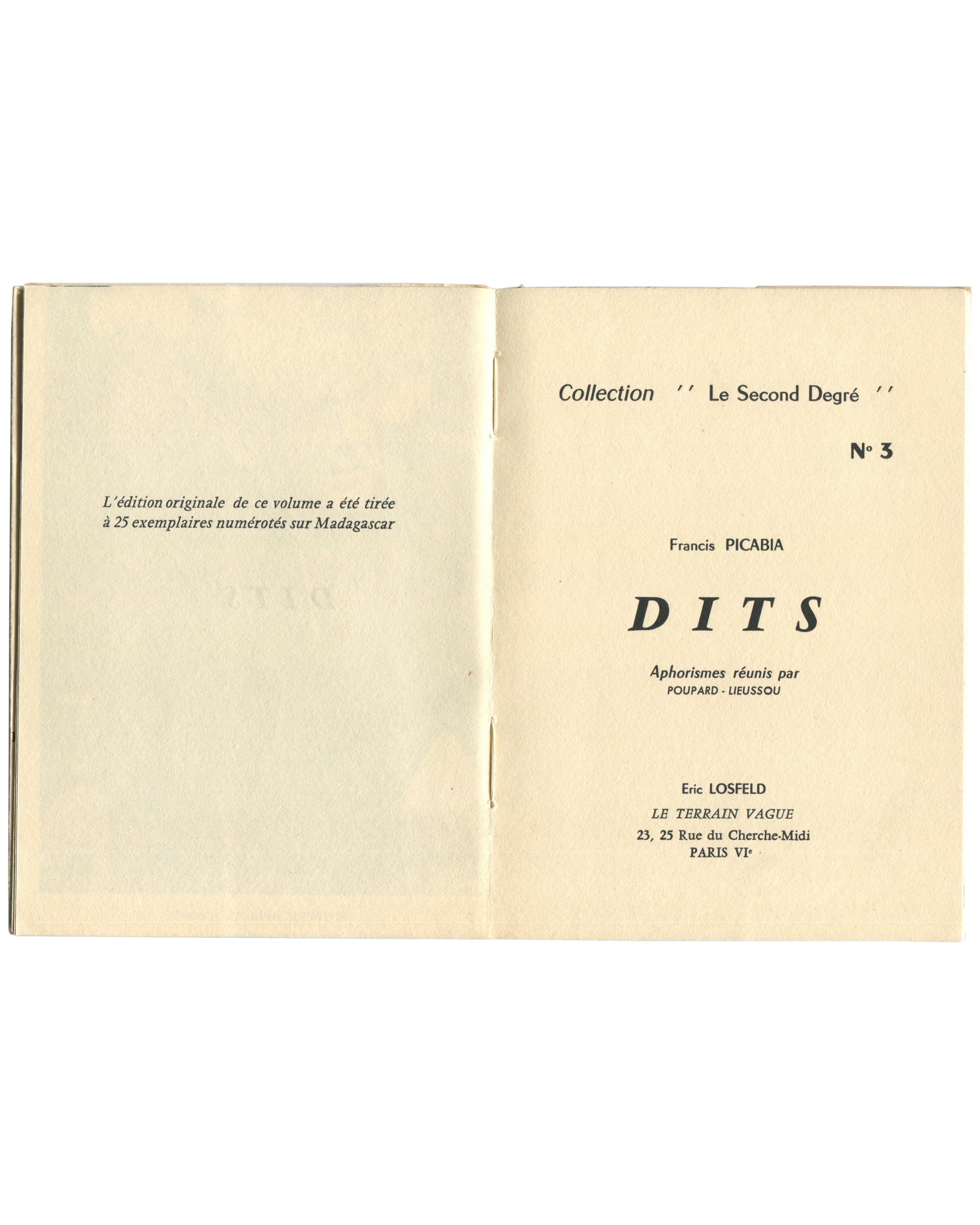 Francis Picabia, Dits, title page, Collection Le Second Degré no. 3, Éric Losfeld, Le Terrain Vague, Paris 