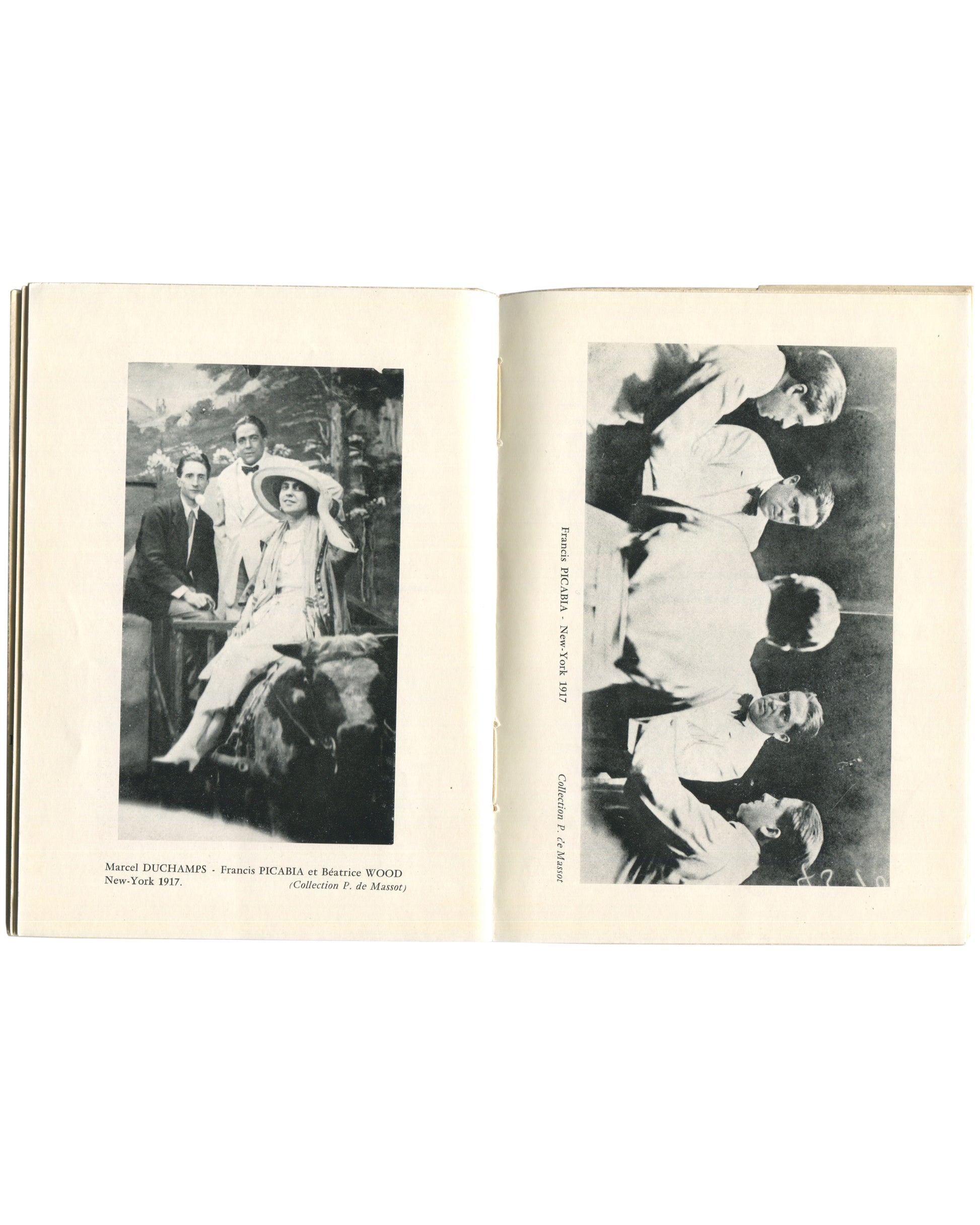 Interior spread: Marcel Duchamp, Francis Picabia and Béatrice Wood, New York 1917, black-and-white photograph 
