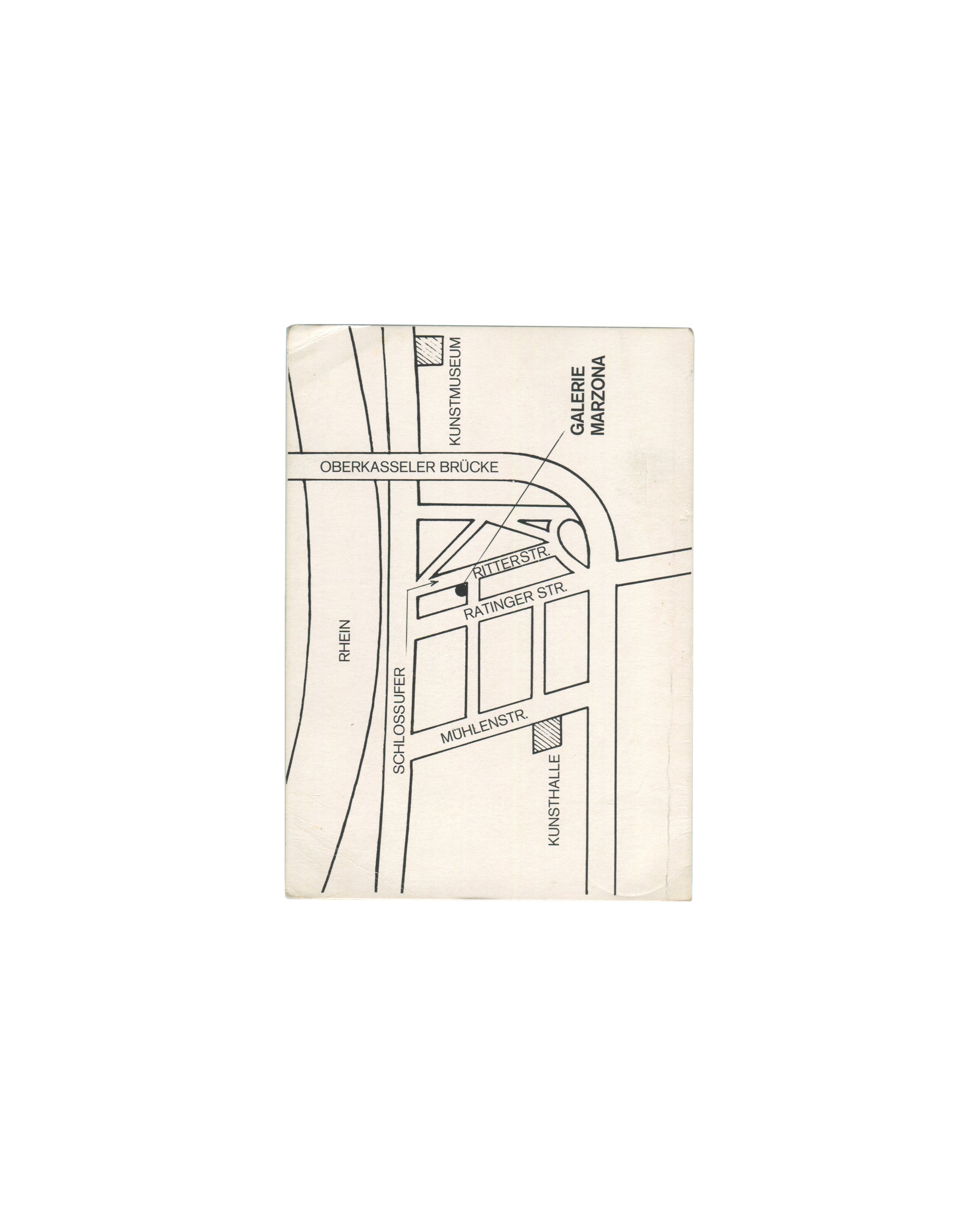 Reverse of Picabia invitation: printed map locating Galerie Marzona between Kunstmuseum and Kunsthalle, Düsseldorf
