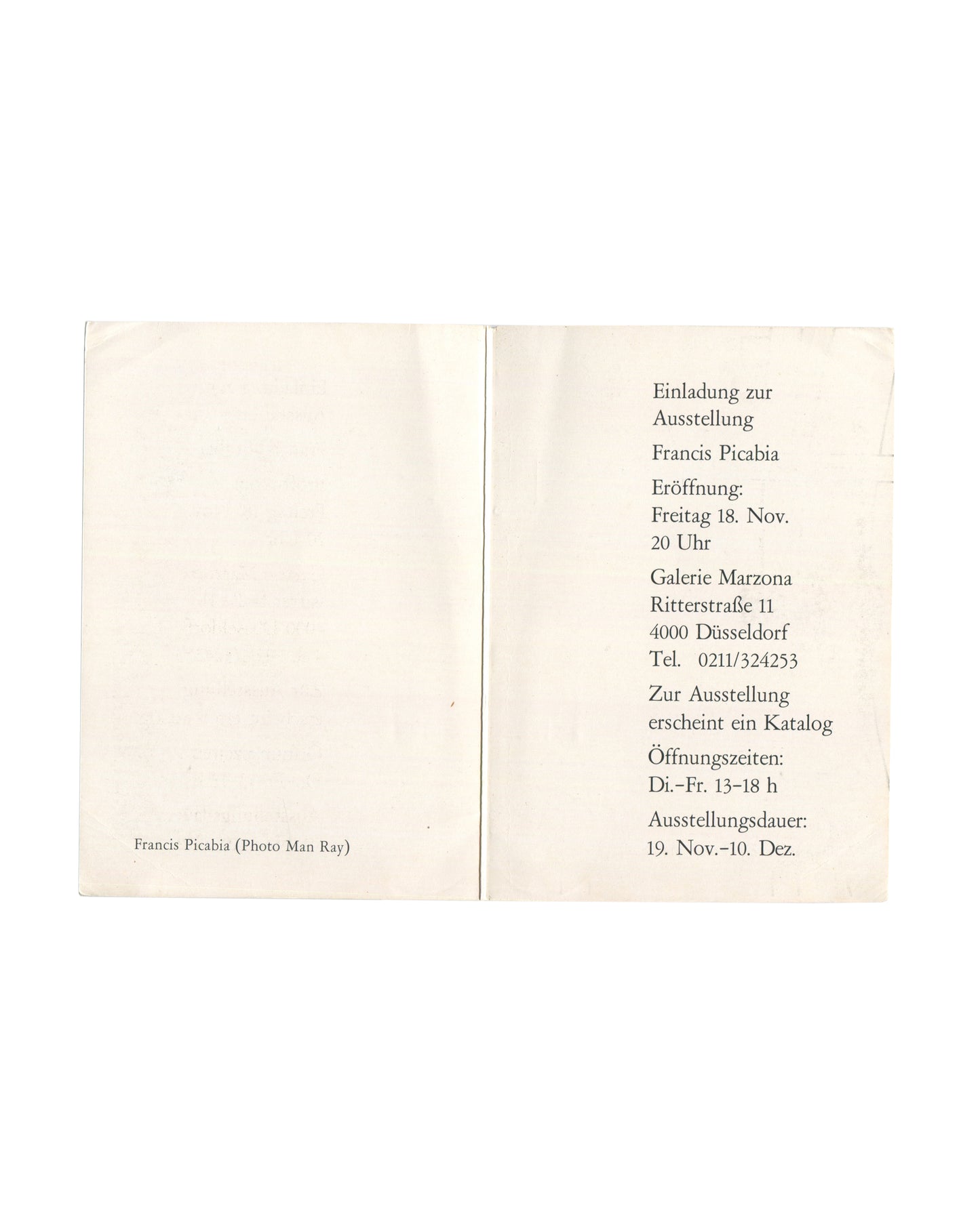 Picabia invitation interior, unfolded: blank left panel and German exhibition text right, Galerie Marzona, 1977
