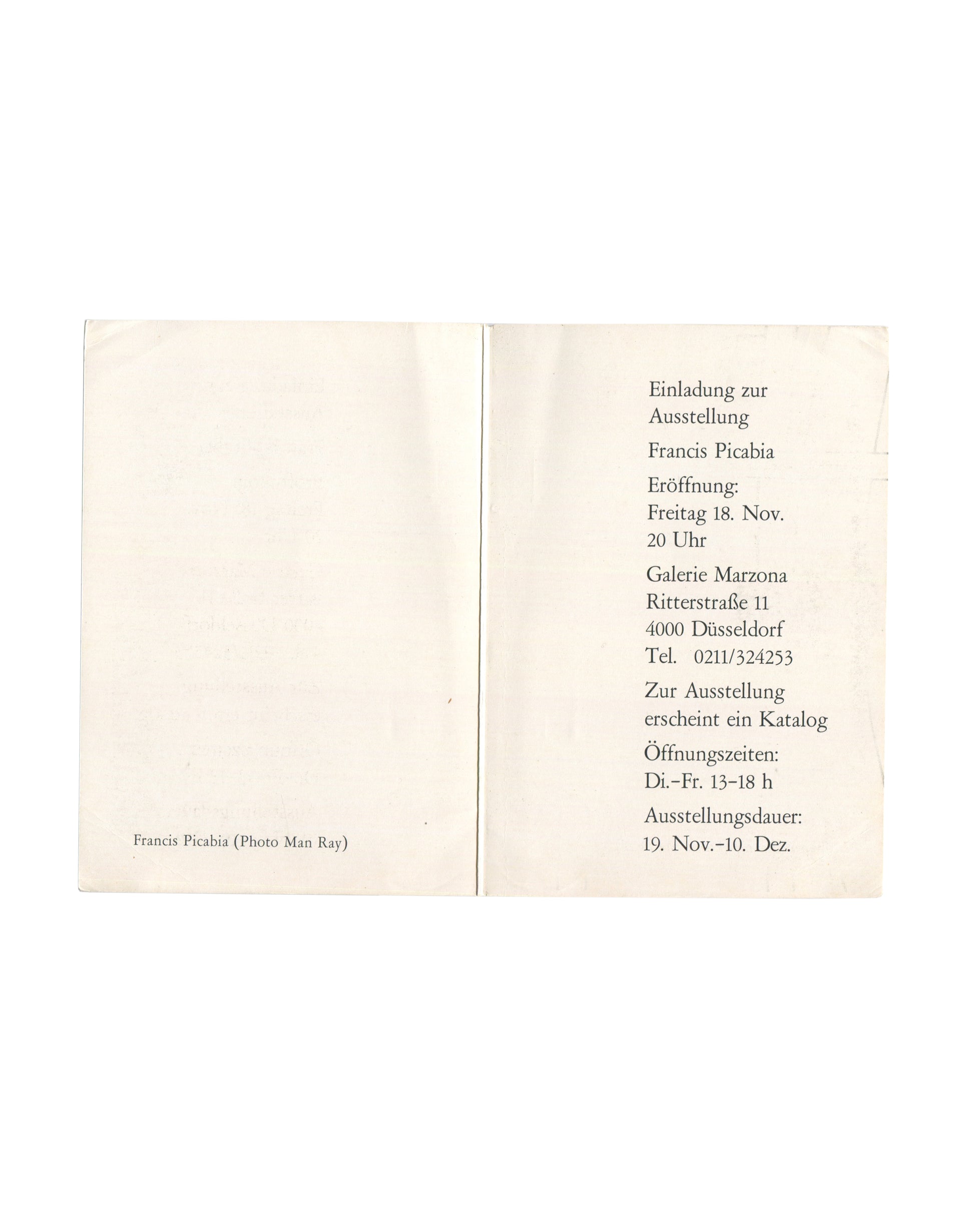Picabia invitation interior, unfolded: blank left panel and German exhibition text right, Galerie Marzona, 1977
