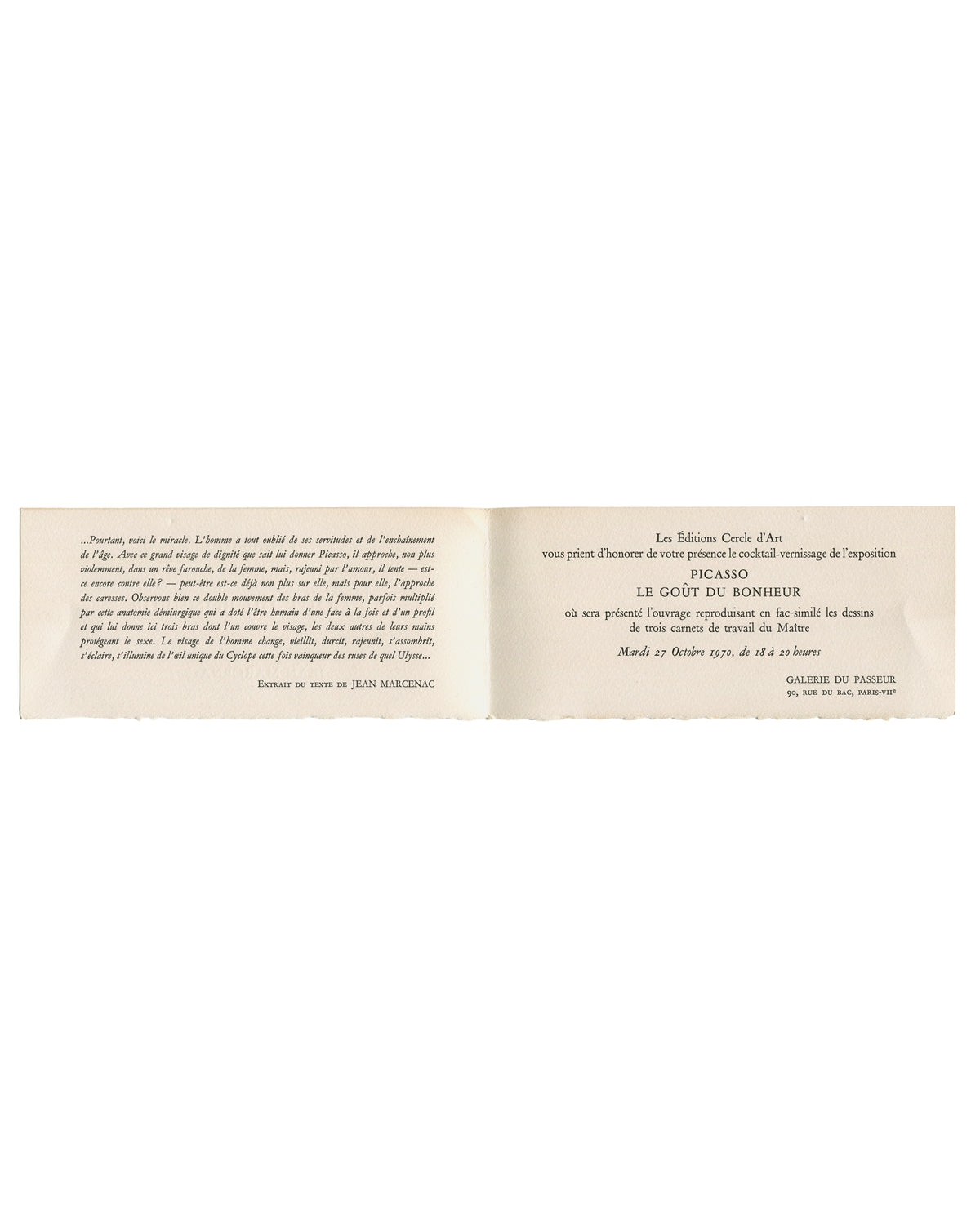 Pablo Picasso, Le Goût du Bonheur, 1970, invitation interior unfolded, Jean Marcenac text and vernissage details, Galerie du Passeur