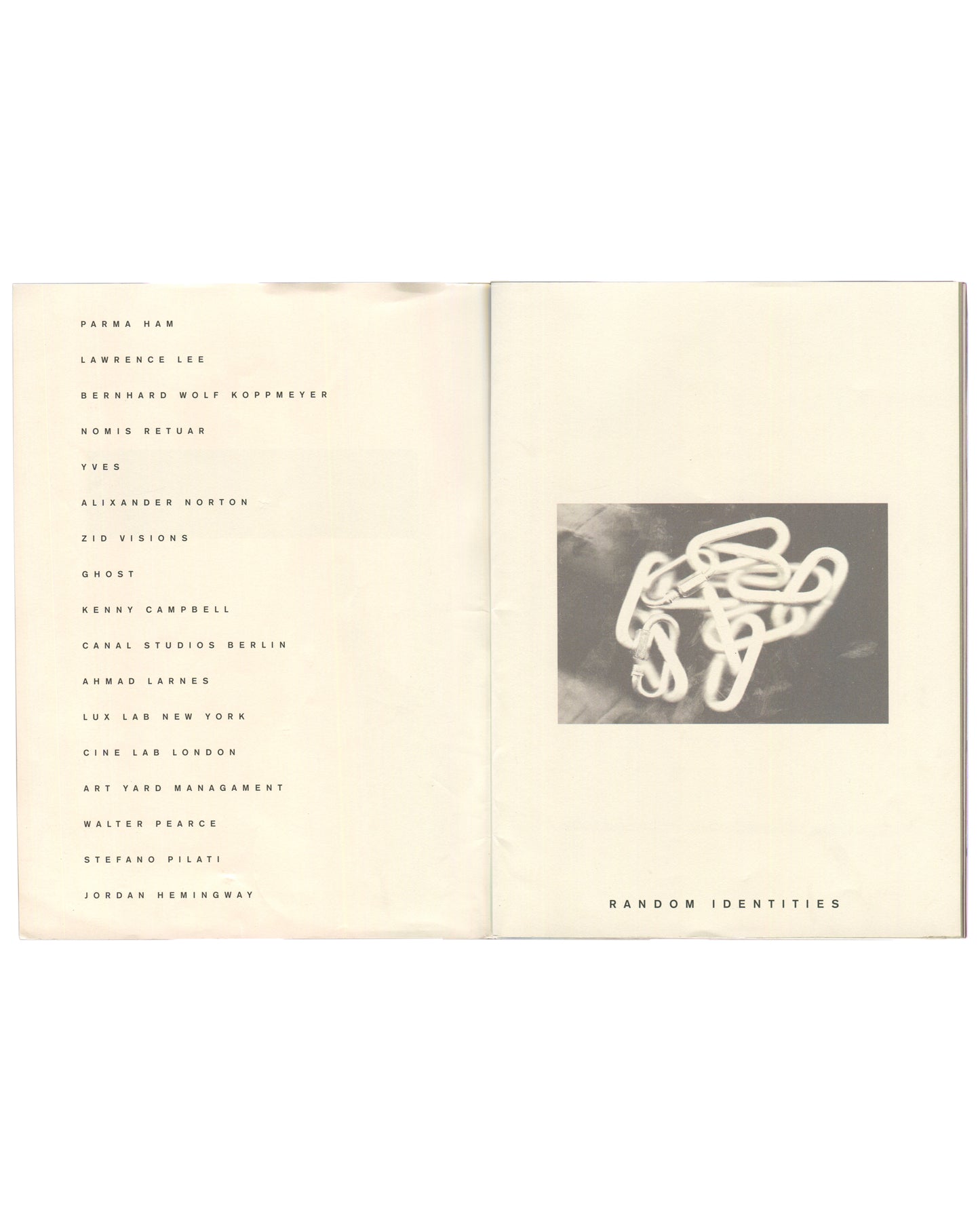 Stefano Pilati, Random Identities, Jordan Hemingway, zine interior: contributor list left, carabiners photo right