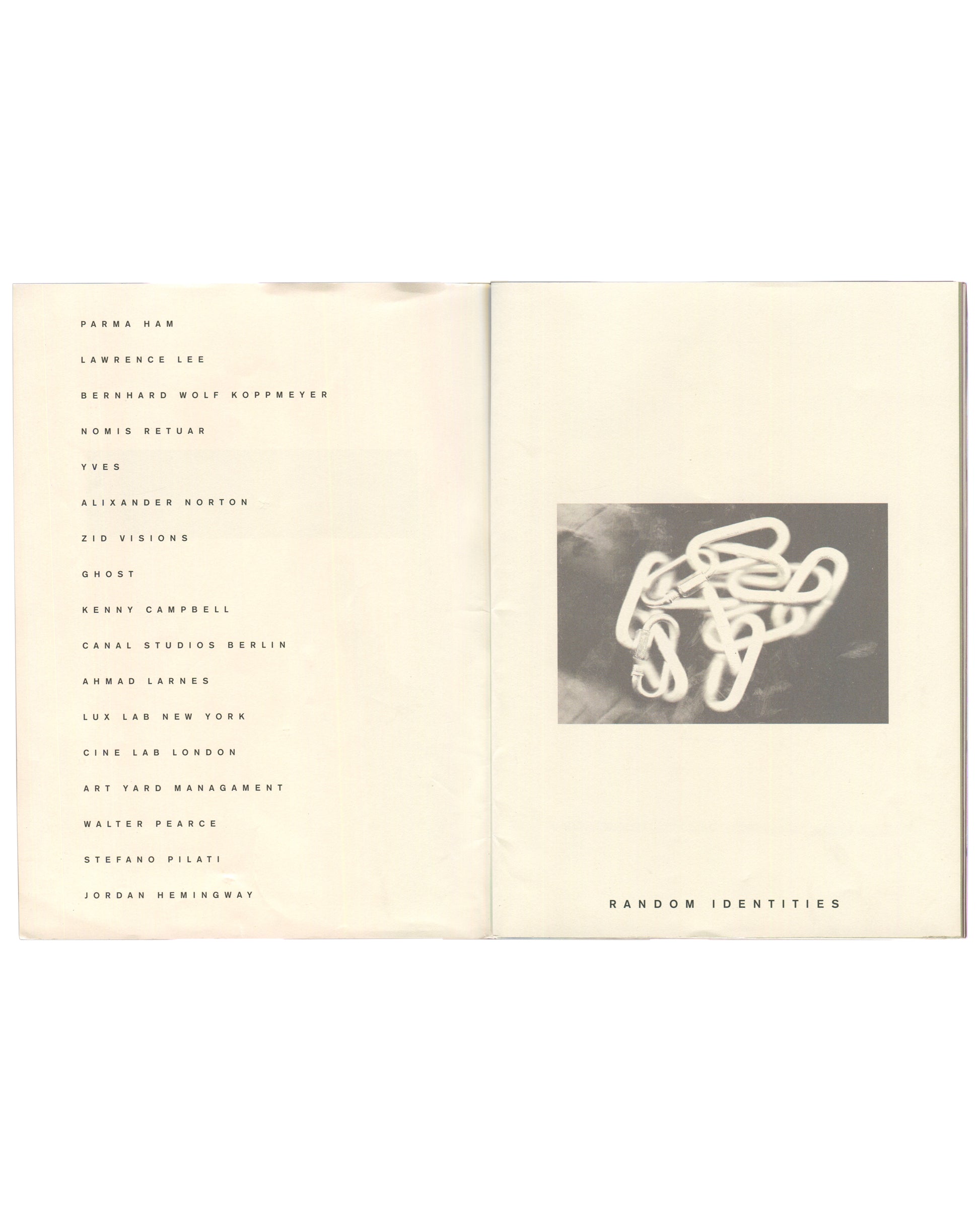 Stefano Pilati, Random Identities, Jordan Hemingway, zine interior: contributor list left, carabiners photo right