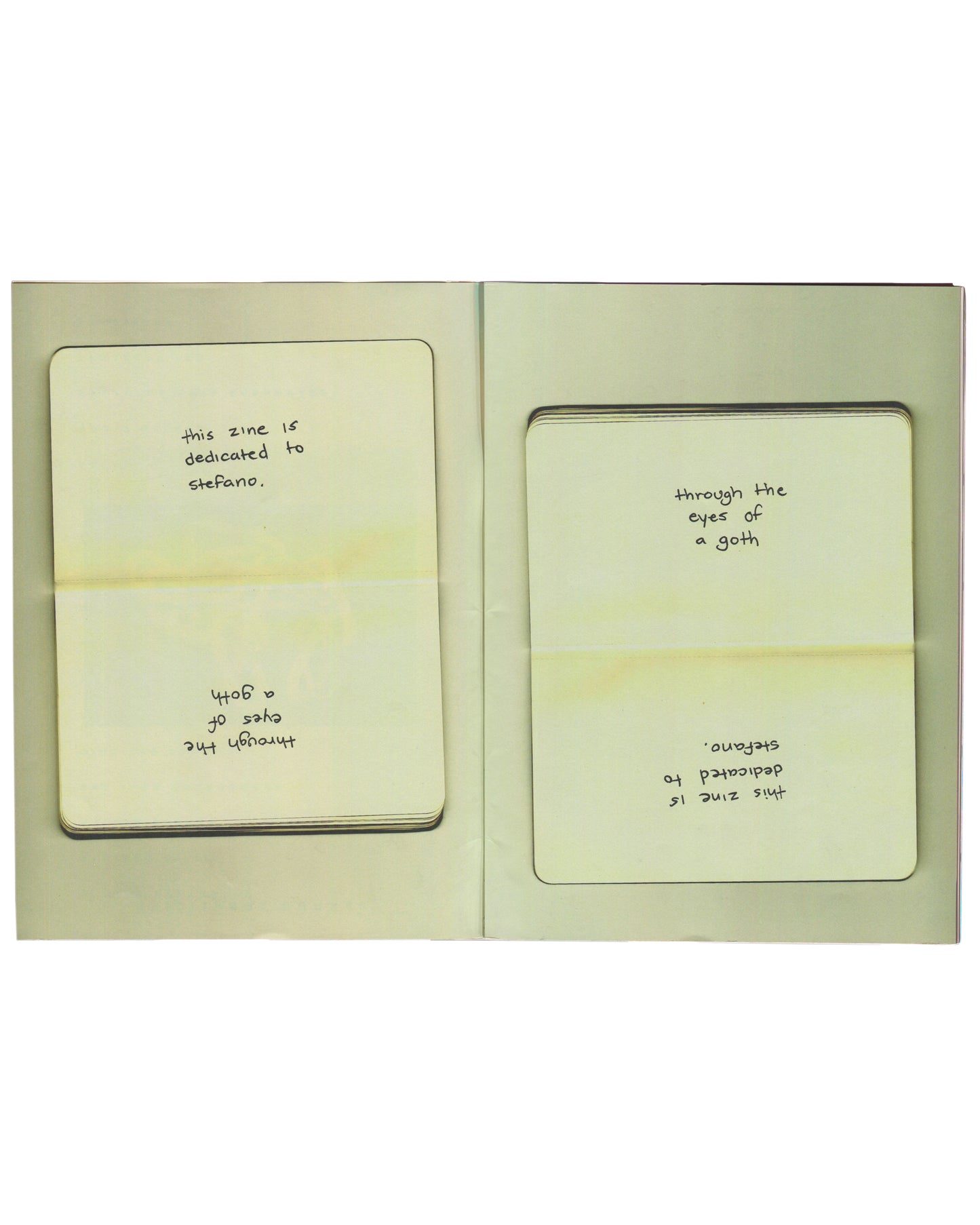 Stefano Pilati, Random Identities, Jordan Hemingway, zine interior: mirrored cards, dedicated to Stefano, eyes of a goth

