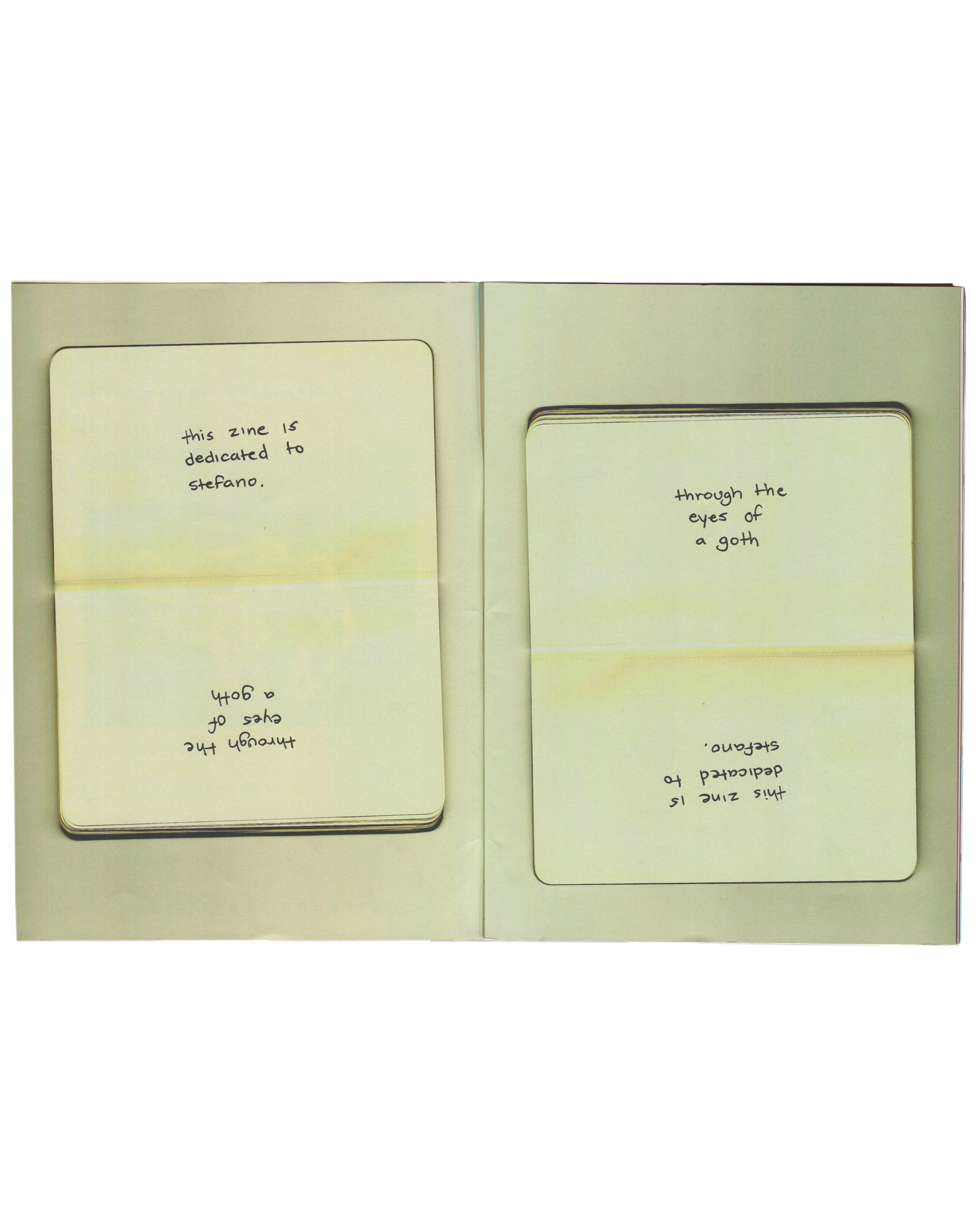 Stefano Pilati, Random Identities, Jordan Hemingway, zine interior: mirrored cards, dedicated to Stefano, eyes of a goth
