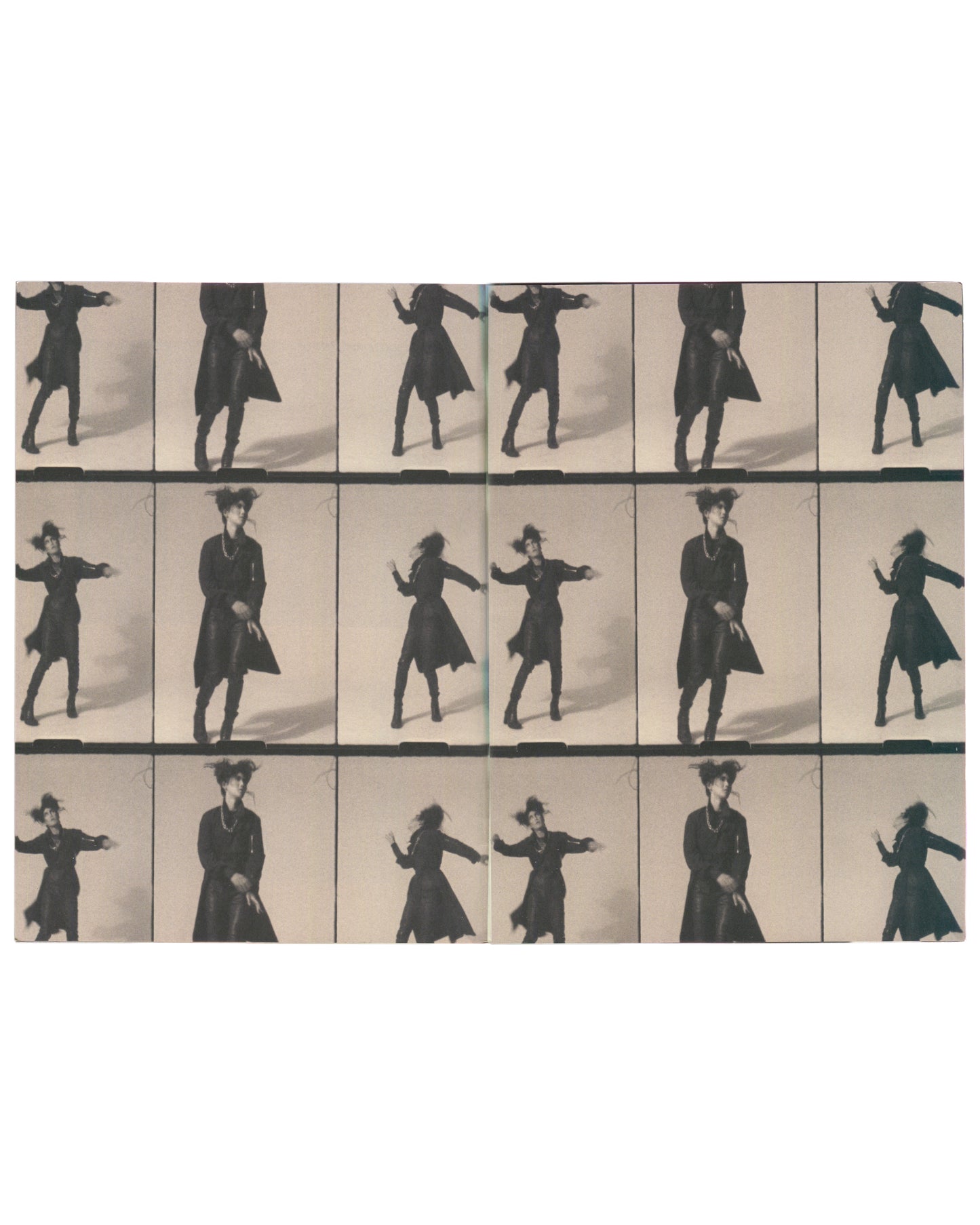 Stefano Pilati, Random Identities, Jordan Hemingway, zine: contact sheet, 18 frames, figure in black coat dancing