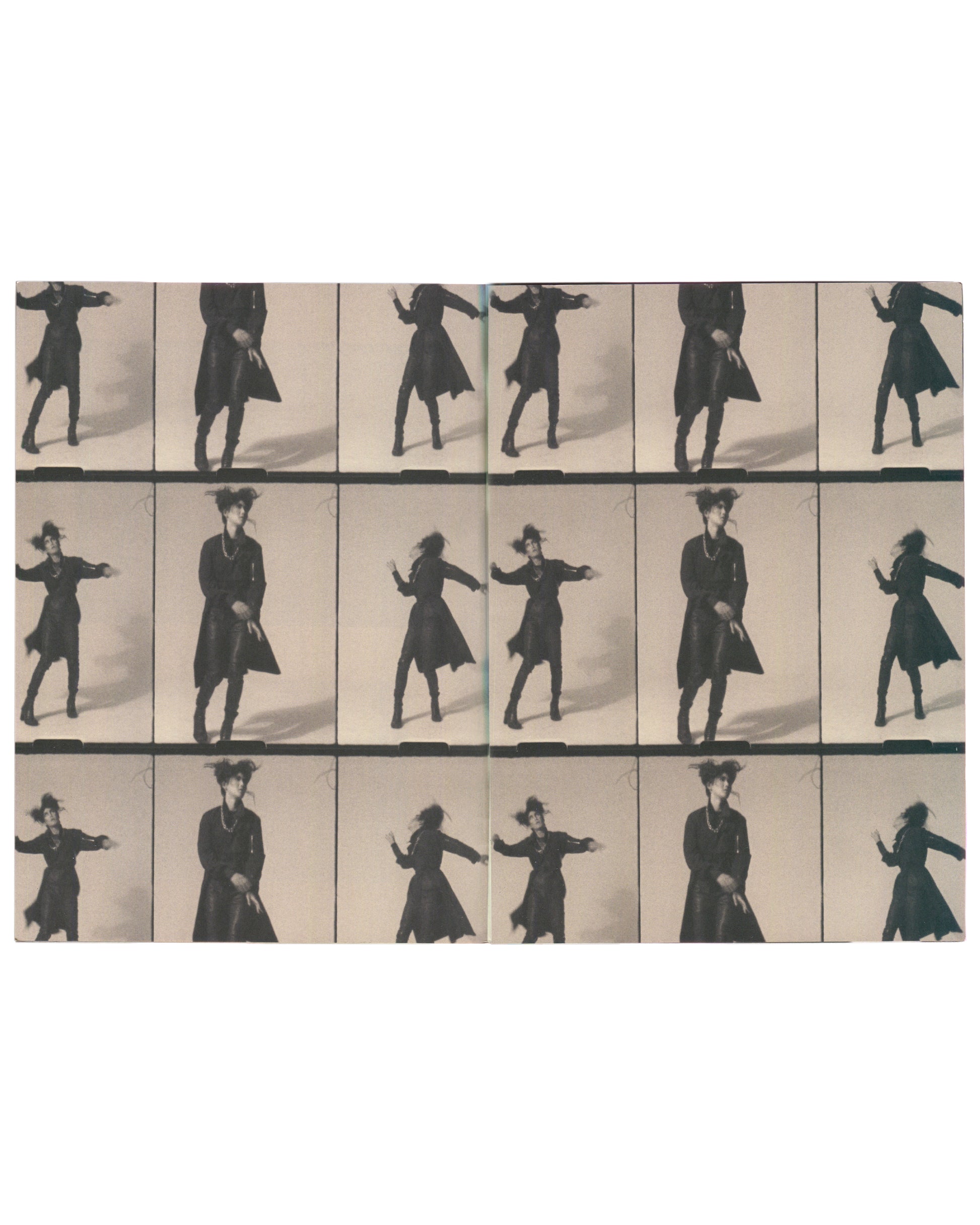 Stefano Pilati, Random Identities, Jordan Hemingway, zine: contact sheet, 18 frames, figure in black coat dancing