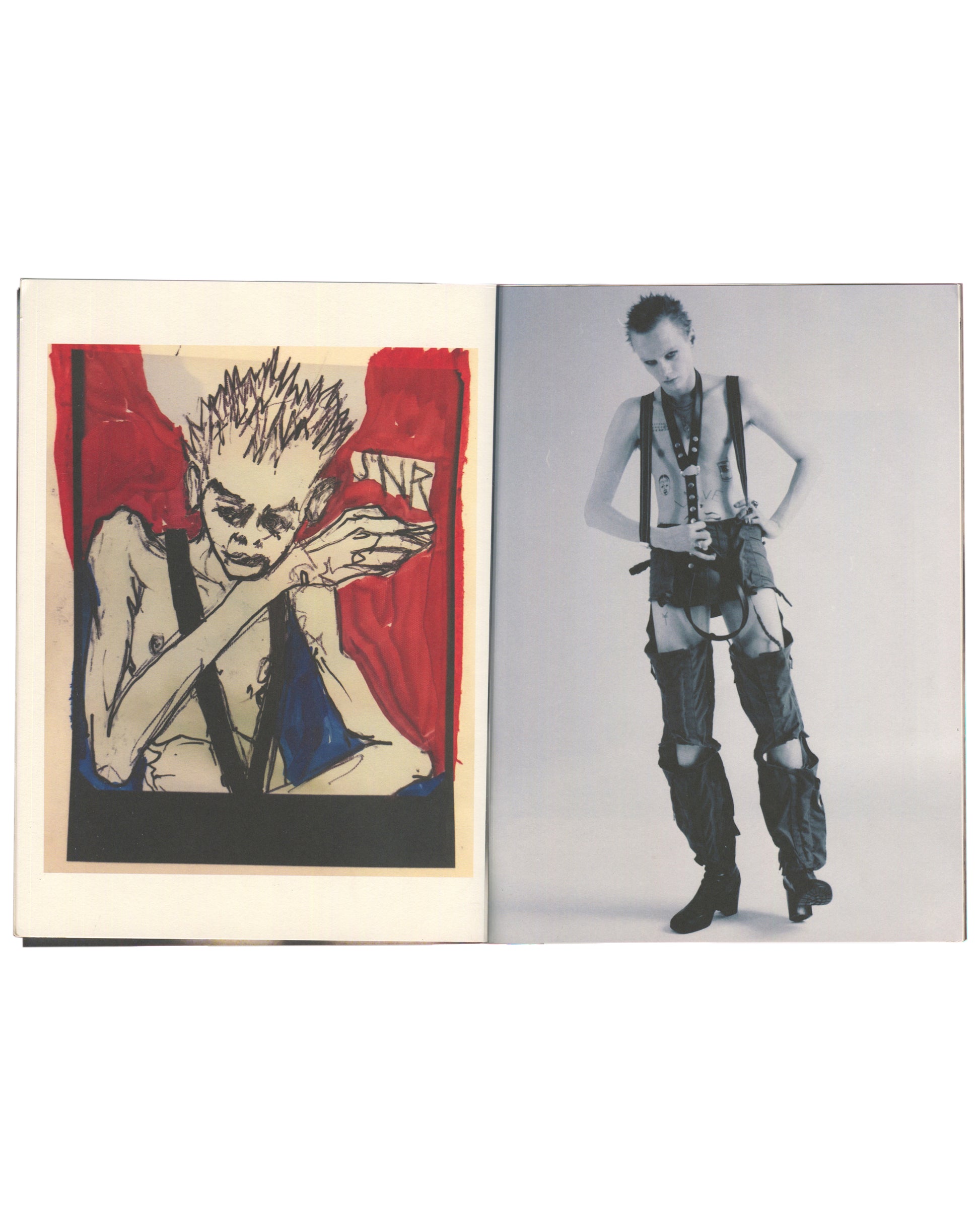 Stefano Pilati, Random Identities, Jordan Hemingway, zine spread: NR figure drawing left, fashion photograph right
