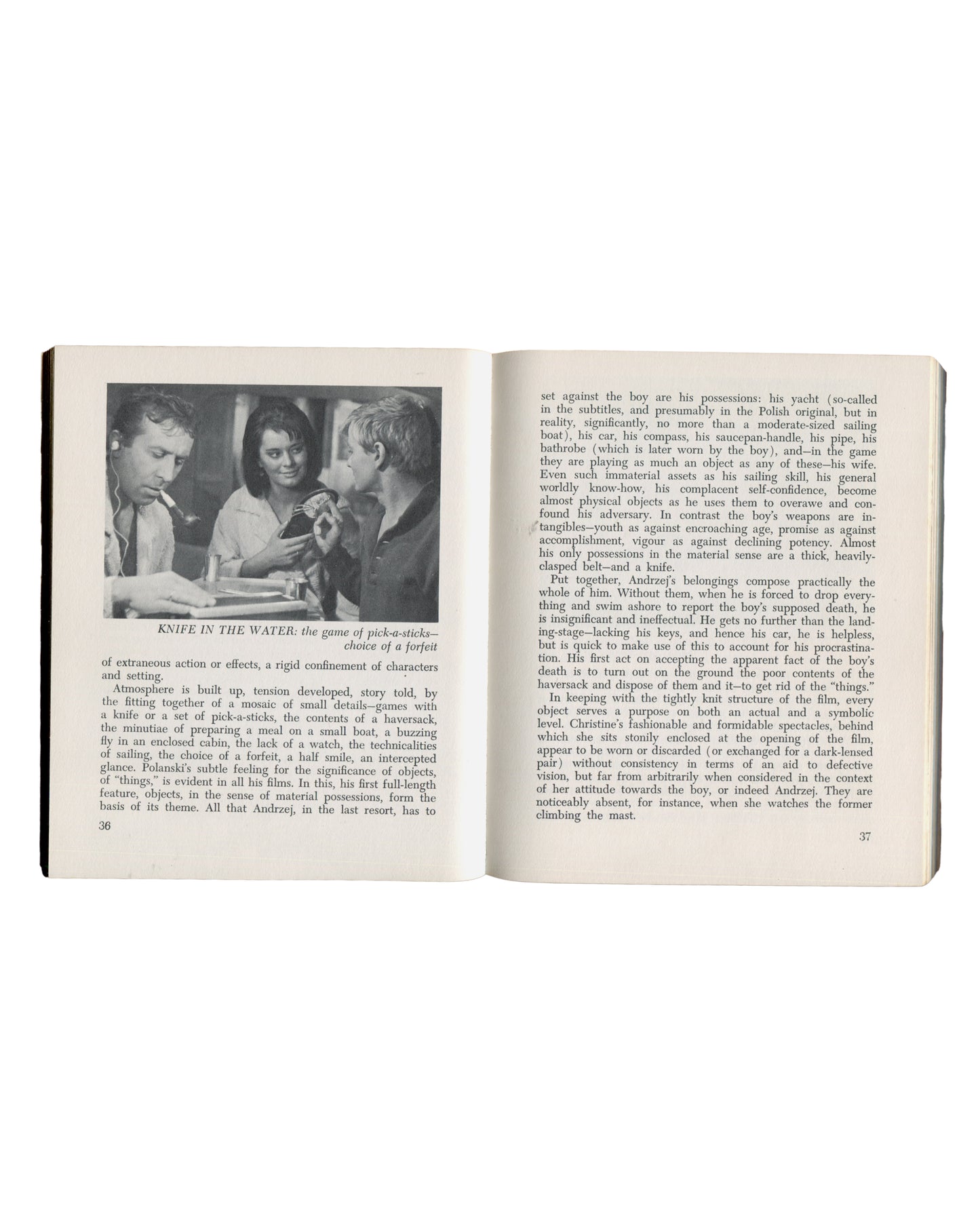 Roman Polanski / Ivan Butler, The Cinema of Roman Polanski, 1970, pp.36–37, film still from Knife in the Water with critical text