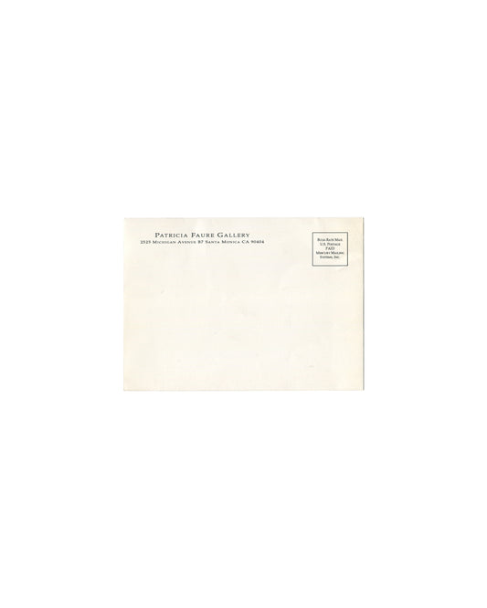 Exterior address side of 1996 Rona Pondick Patricia Faure Gallery poster/mailer showing cream ground with 'Patricia Faure Gallery' in small spaced serif caps and '2525 Michigan Avenue B7 Santa Monica CA 90404' below, with a bulk-rate postal indicia box top right reading 'Bulk-Rate Mail / U.S. Postage / Paid / Mercury Mailing Systems, Inc.