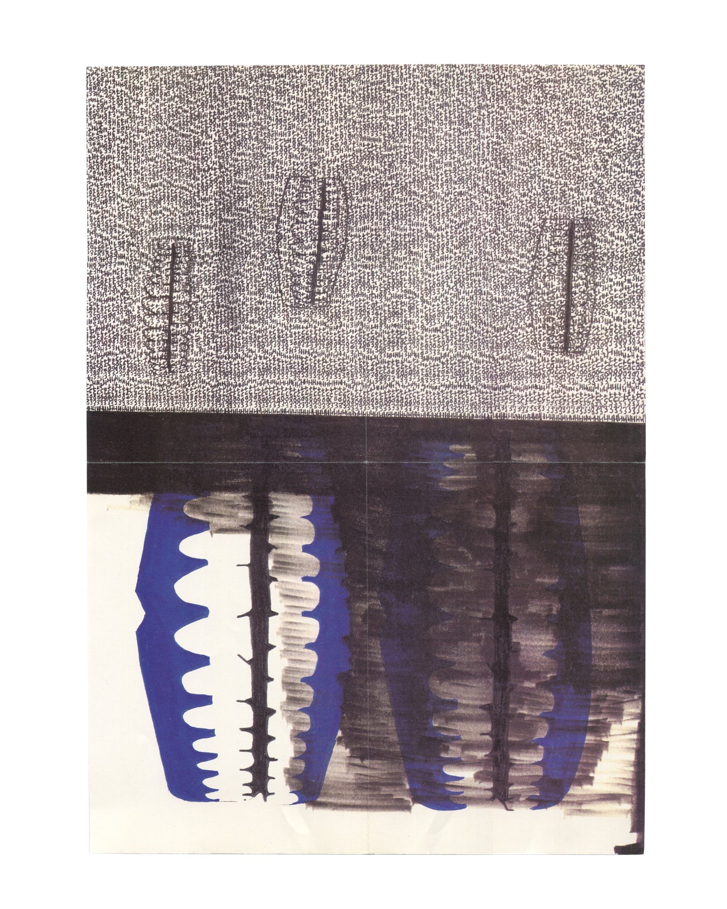 Interior of 1996 Rona Pondick Patricia Faure Gallery exhibition poster showing a full-bleed offset lithograph reproduction of a Pondick work: upper half densely covered in small black handwritten or printed text forming a grey field with four vertical spine-like forms emerging from it; lower half showing three large blue and dark purple ovoid forms with serrated white edges and vertical brushstroke marks suggesting teeth, spines, or organic protrusions, against a white ground.