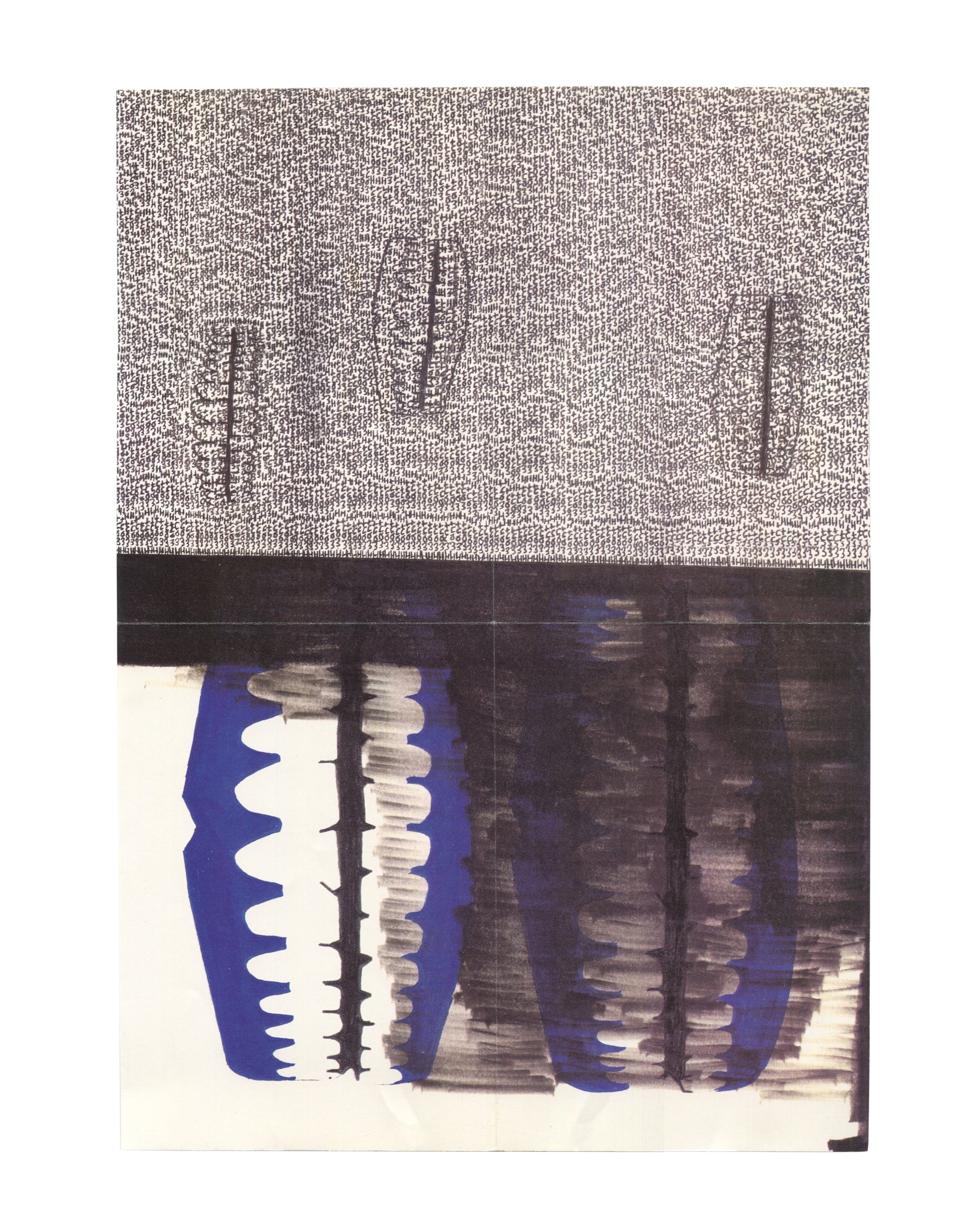 Interior of 1996 Rona Pondick Patricia Faure Gallery exhibition poster showing a full-bleed offset lithograph reproduction of a Pondick work: upper half densely covered in small black handwritten or printed text forming a grey field with four vertical spine-like forms emerging from it; lower half showing three large blue and dark purple ovoid forms with serrated white edges and vertical brushstroke marks suggesting teeth, spines, or organic protrusions, against a white ground.