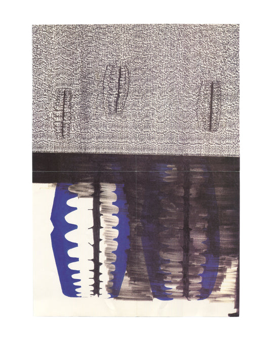 Interior of 1996 Rona Pondick Patricia Faure Gallery exhibition poster showing a full-bleed offset lithograph reproduction of a Pondick work: upper half densely covered in small black handwritten or printed text forming a grey field with four vertical spine-like forms emerging from it; lower half showing three large blue and dark purple ovoid forms with serrated white edges and vertical brushstroke marks suggesting teeth, spines, or organic protrusions, against a white ground.