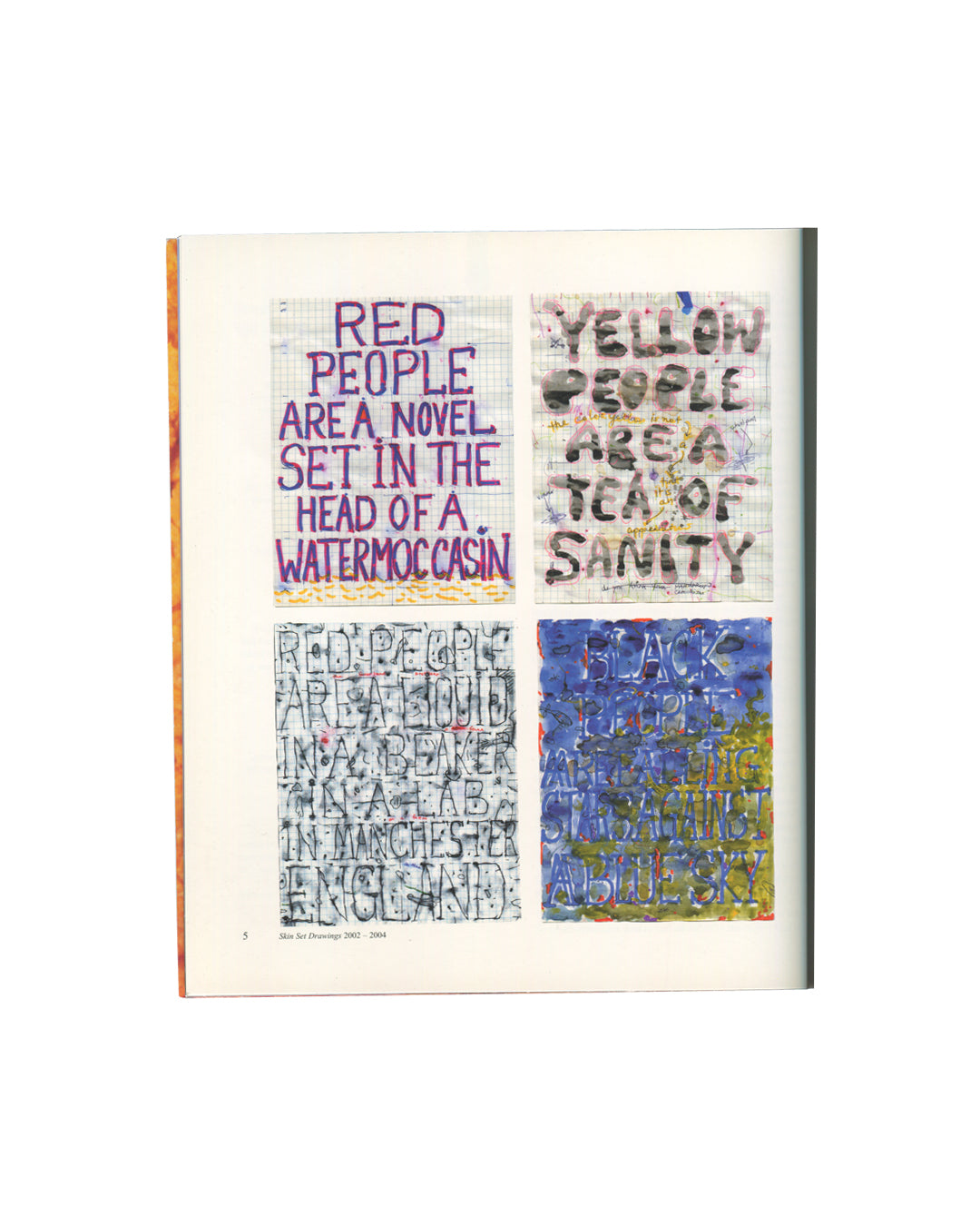 William Pope.L — some things you can do with blackness…, 2005 — interior plate. Black Factory working diagram. Pen and ink drawing on white paper with watercolour washes in blue and yellow. Central image: a bare tree labelled "tree of life / on fire" with roots and branches. Upper left: a large foot or limb form labelled "Black Flow in cross section" with arrows indicating "sub-flows". Scattered annotations: "snail", "shadow", "Blue Shadow or echo-black-ma", "Corn Flakes". Collaged wine label: "Château de L