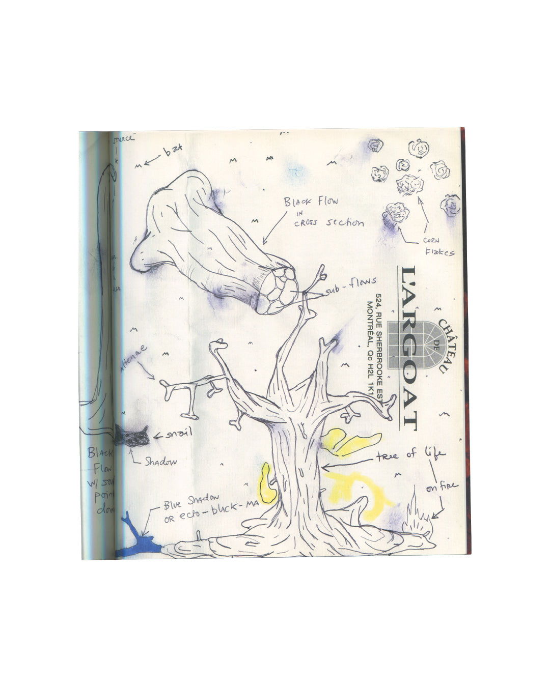 William Pope.L — some things you can do with blackness…, 2005 — interior plate, p. 14. Working Drawing for Chocolate Fountain (mythic scene), 2004. Mixed media on crumpled and flattened paper: ink, pencil, and yellow highlighter. Central vertical yellow band with handwritten text: "I'd like to use / flour / welcome / the Christian / things / possibly / choco". Radiating ink lines across the surface with annotations: "Floor", "come in wall", "carpet of flakes", "ideal volume". Staining and surface wear throu