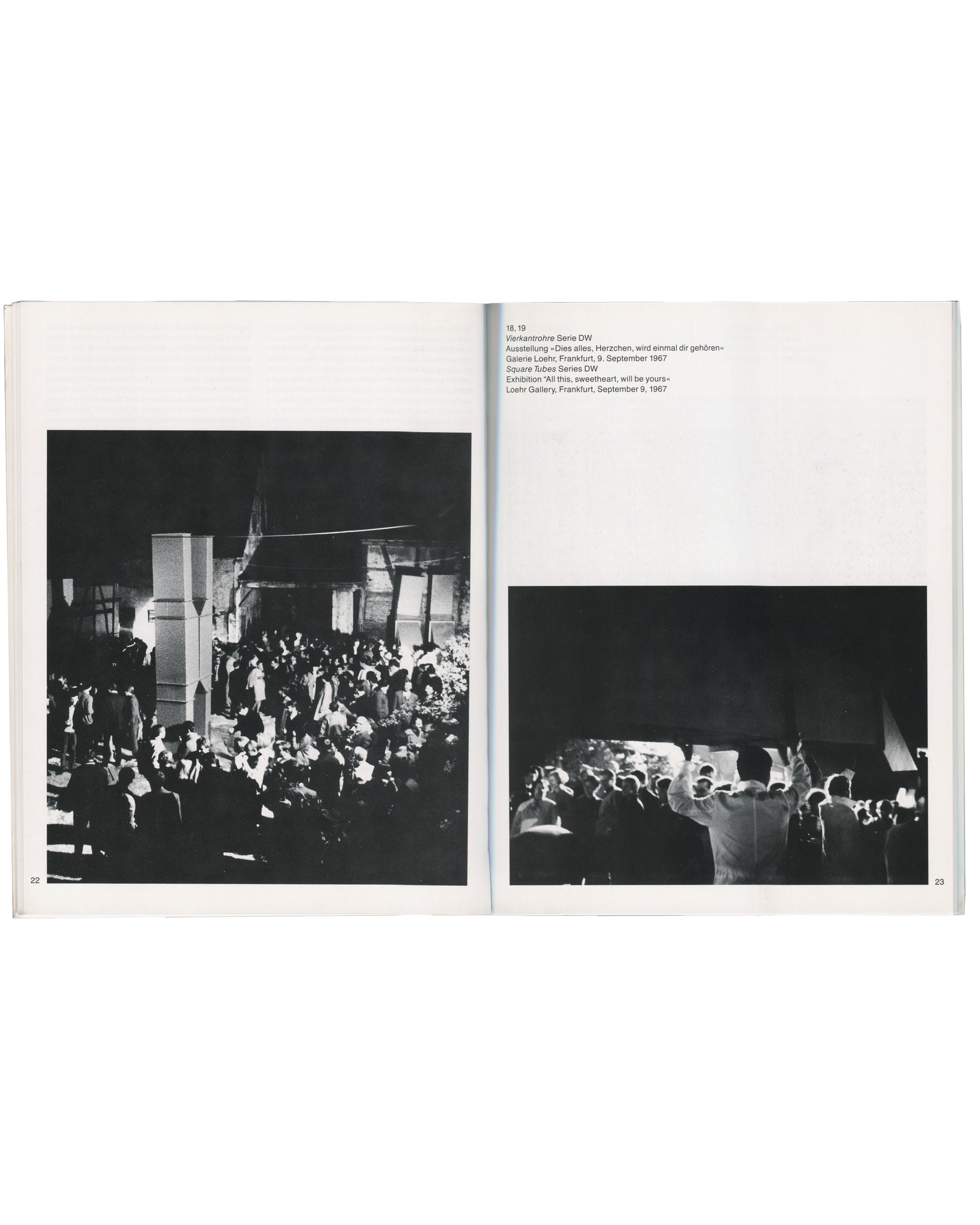 Charlotte Posenenske catalogue pp.22–23: Square Tubes Series DW, Loehr Gallery Frankfurt opening, 9 September 1967, b&w
I